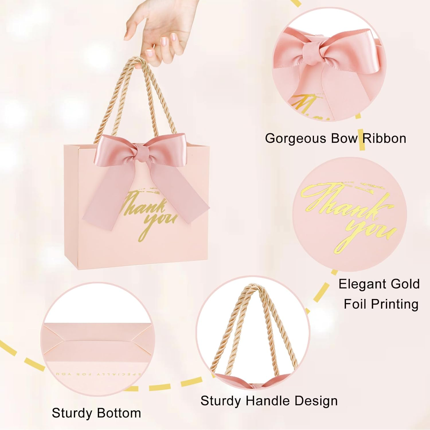 SHAIDOJIO 30Pack Small Thank You Gift Bags with Handle, Mini Pink Gift Bags Candy Bags Bulk with Bow Ribbon, Party Favor Bag for Wedding, Birthday, Bridal Shower, Baby Shower (5.5X2.5X4.7 Inch) image number 1