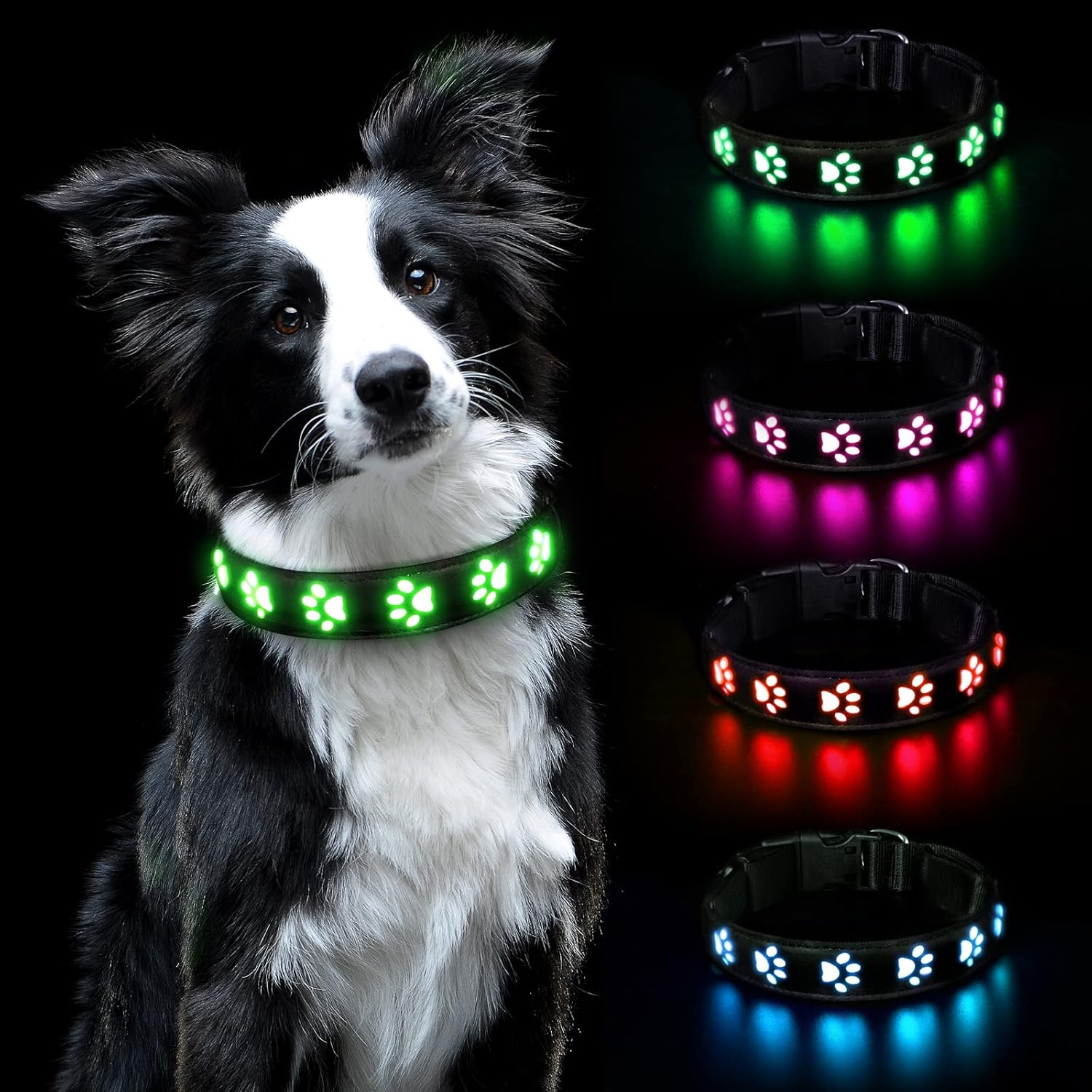 AUAUY Light up Dog Collar, LED Dog Collar Light USB Rechargeable, Waterproof Flashing PVC Leather Adjustable Glowing Super Bright Dog Light up Collar for the Dark Small Medium Large Dogs (Colorful-L)