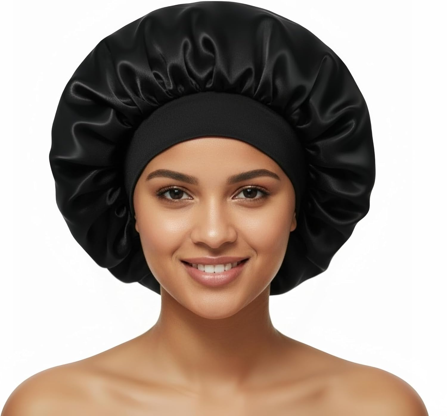 Black Silk Bonnet for Women Curly Hair Cover Satin Bonnets for Sleeping Large Satin Sleep Cap Head Cover Wide Band Silk Night Hats