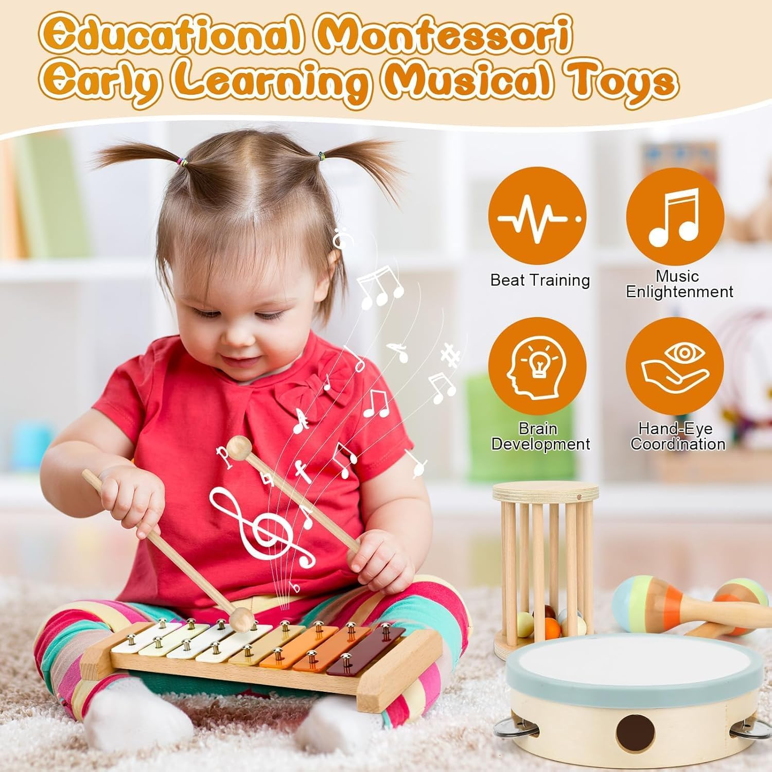 Kids Wooden Percussion Instruments Toy Set,7 in 1 Toddlers Montessori Musical Toys Music Enlightenment Percussion Toys Preschool Educational Music Toys for Boys Girls image number 5