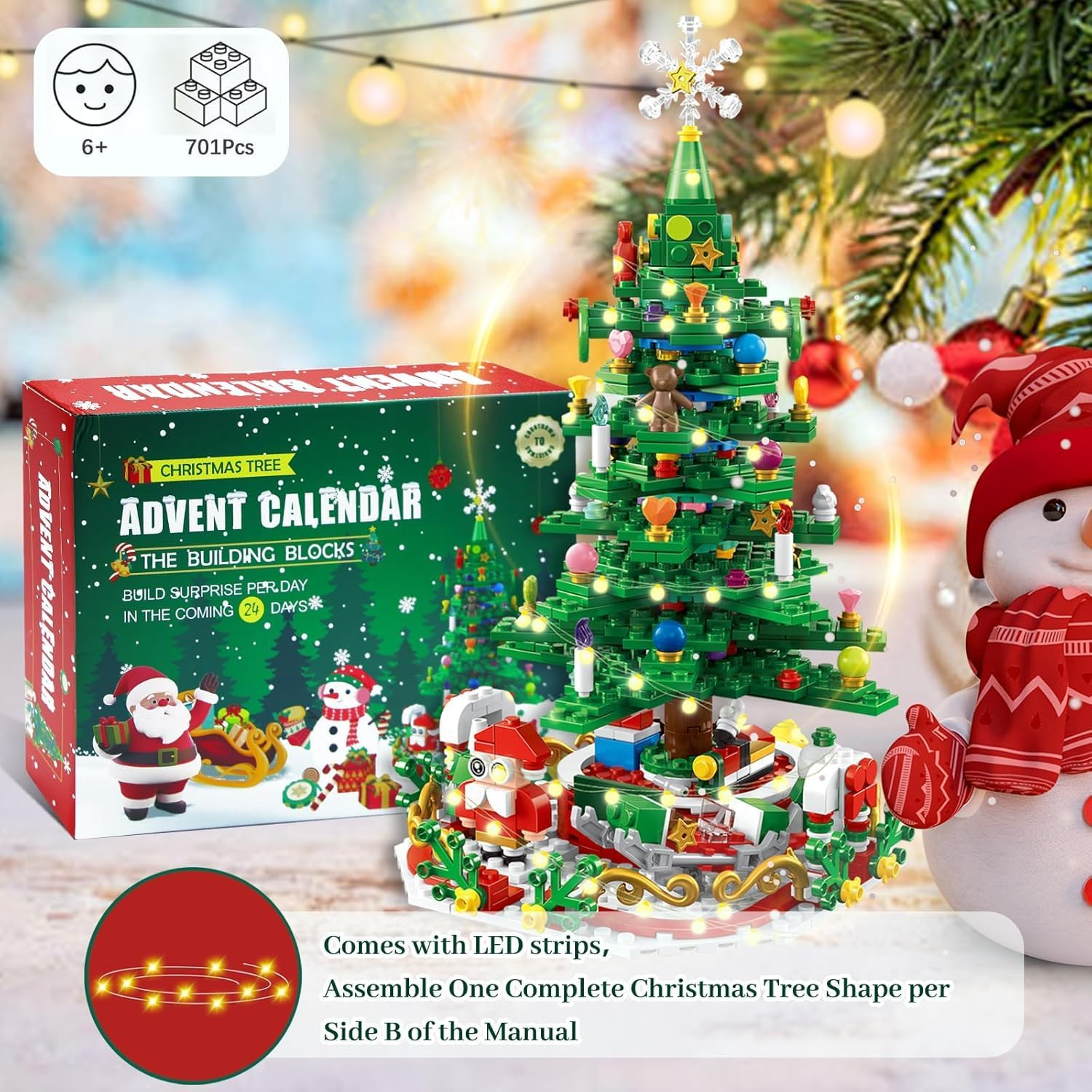 2025 Advent Calendar &ndash; 24 Days Building Blocks Kits,Christmas Tree Building Set with LED Light, 24 Days Countdown Calendar Creative Building Blocks for Adults Kids Teens, Fun Xmas Gift