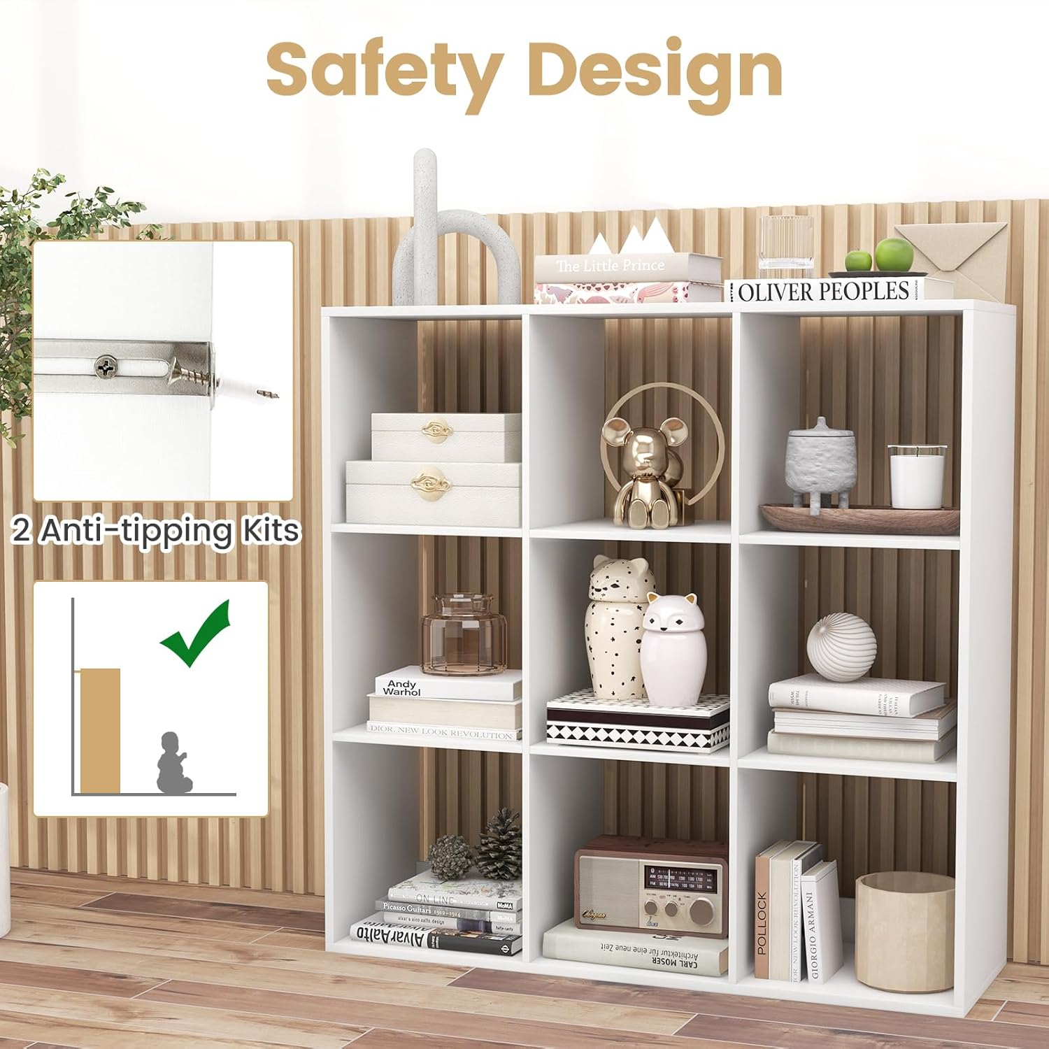 Giantex 8-Cube Bookshelf, Modern Cubby Bookcase with Back Guardrail & Anti-Tipping Kits,5-Tier Freestanding Open Storage Organizer with Shelves for Living Room, Bedroom, Study, White (9-Cube)