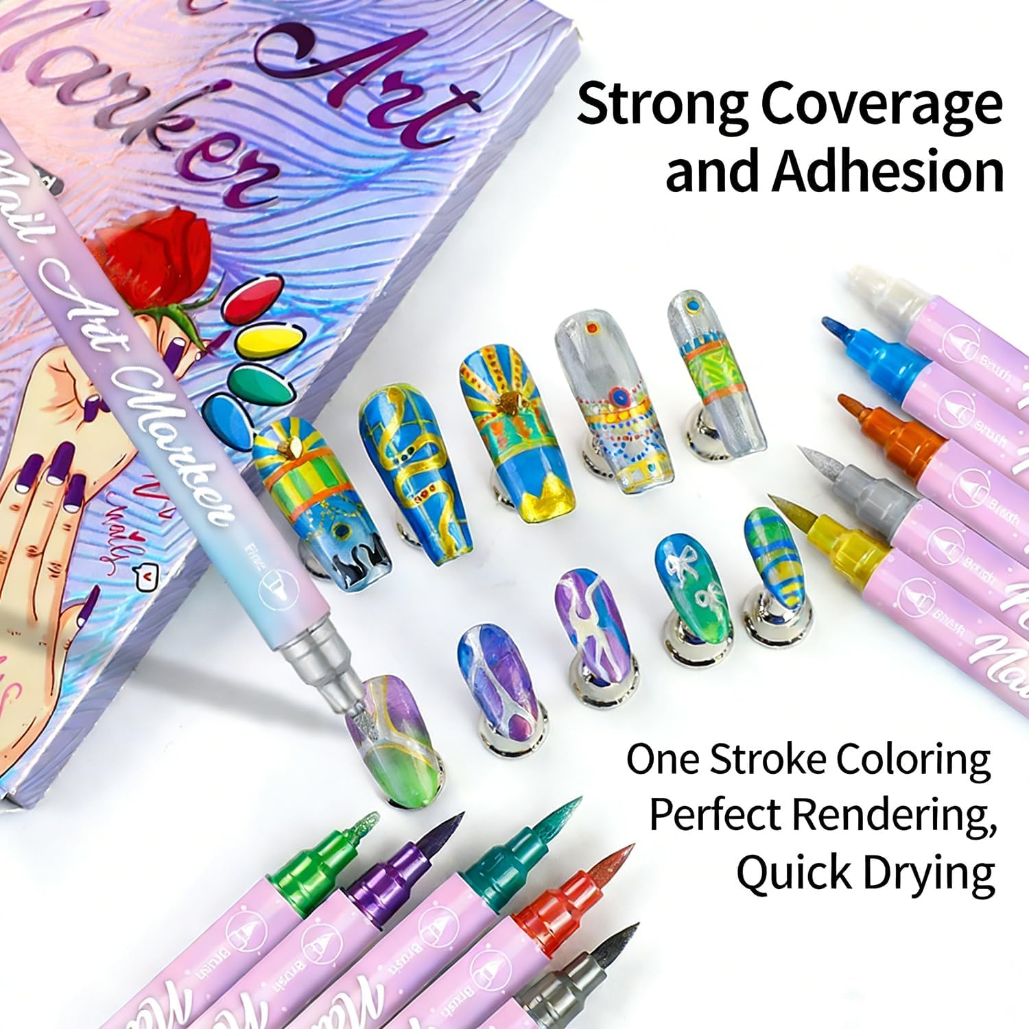 10 Color Metal Nail Art Pens Set, 3D Double Ended Nail Art Markers Graffiti Acrylic Paint Pen, Quick-Drying Dotting Drawing Painting Liner Pen for Home Salon Manicure DIY Tool image number 1