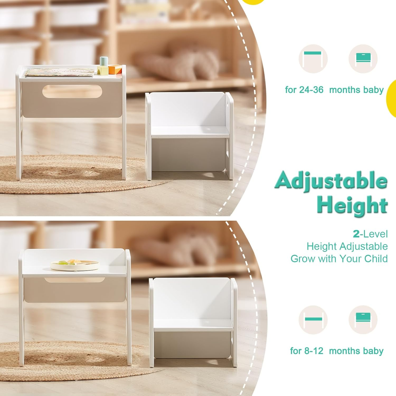 FUNLIO Height Adjustable Montessori Table and Chair Set for Age 1-3, Solid Wood Kid Table and Chair Set, Weaning Baby Table Chair Set for Reading/Eating/Playing, Easy to Assemble - White image number 2