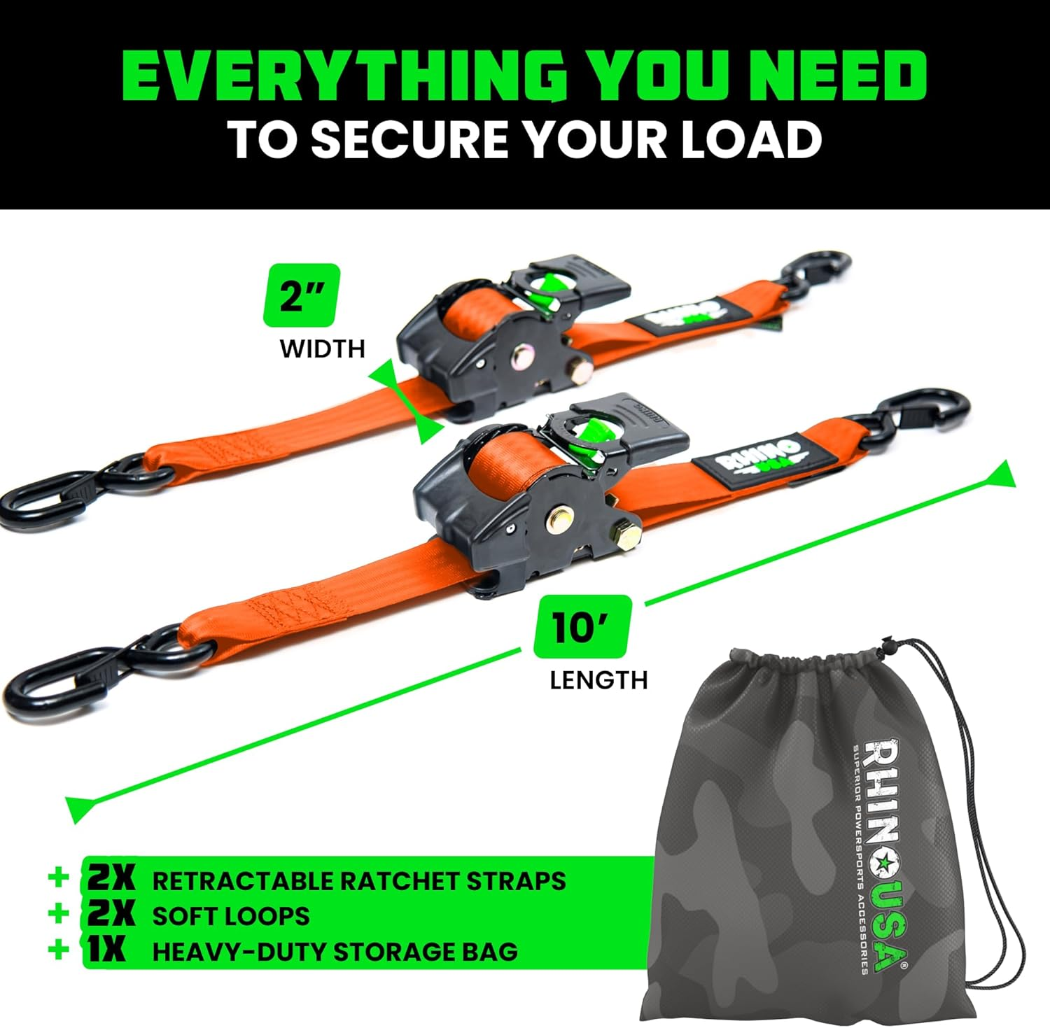 Rhino USA Retractable Ratchet Tie down Straps (Pack of 2) - 3000Lb Break Resistance Including (2) 2" X 10Ft Self Retracting Tie down Straps - Orange image number 6