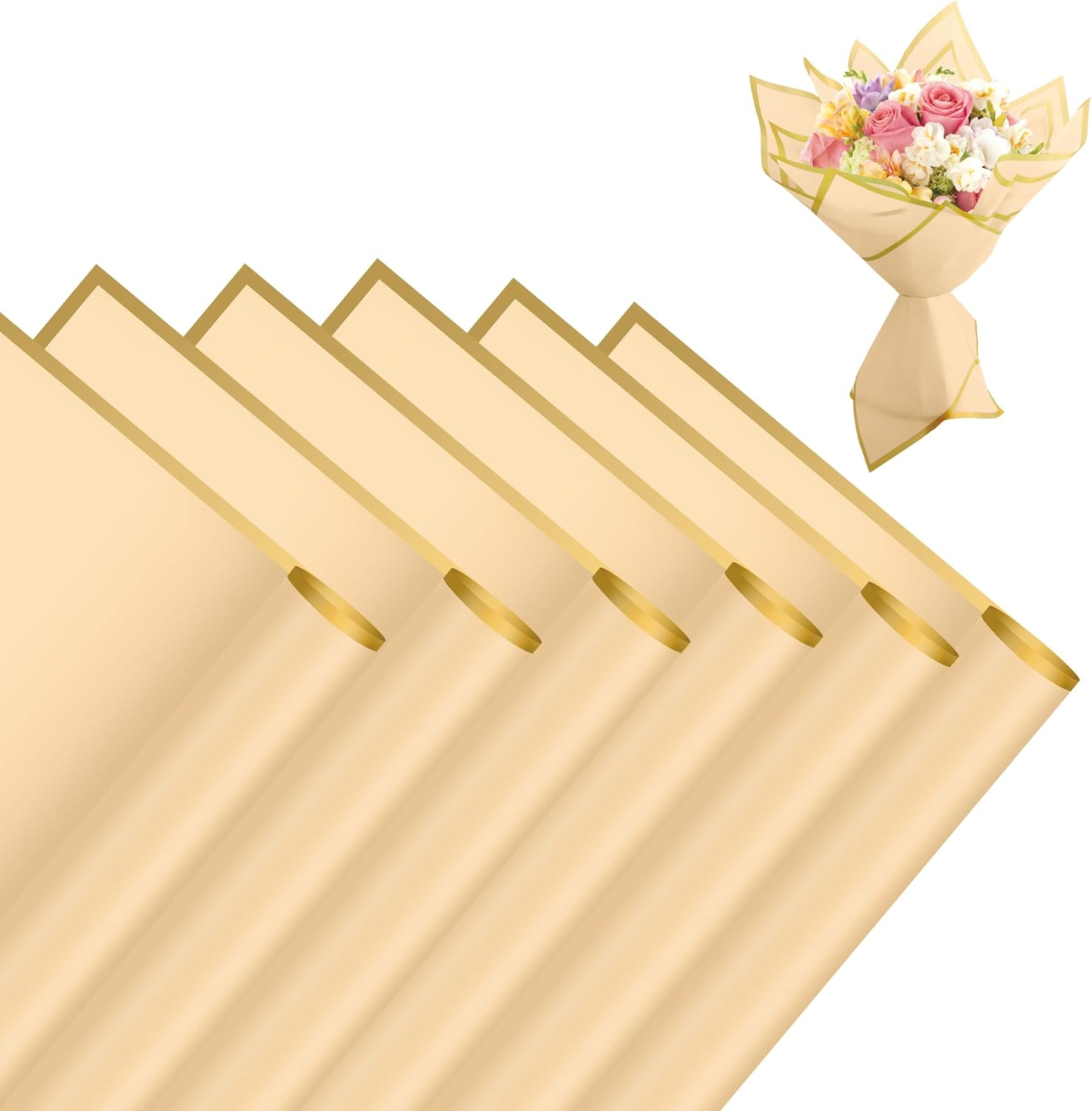 Gold Edge Wrapping Paper 20 Sheets - White Floral Gift Wrap with Golden Border for Bouquets, Wedding, Anniversary, Gift Packaging, Flower Shop
