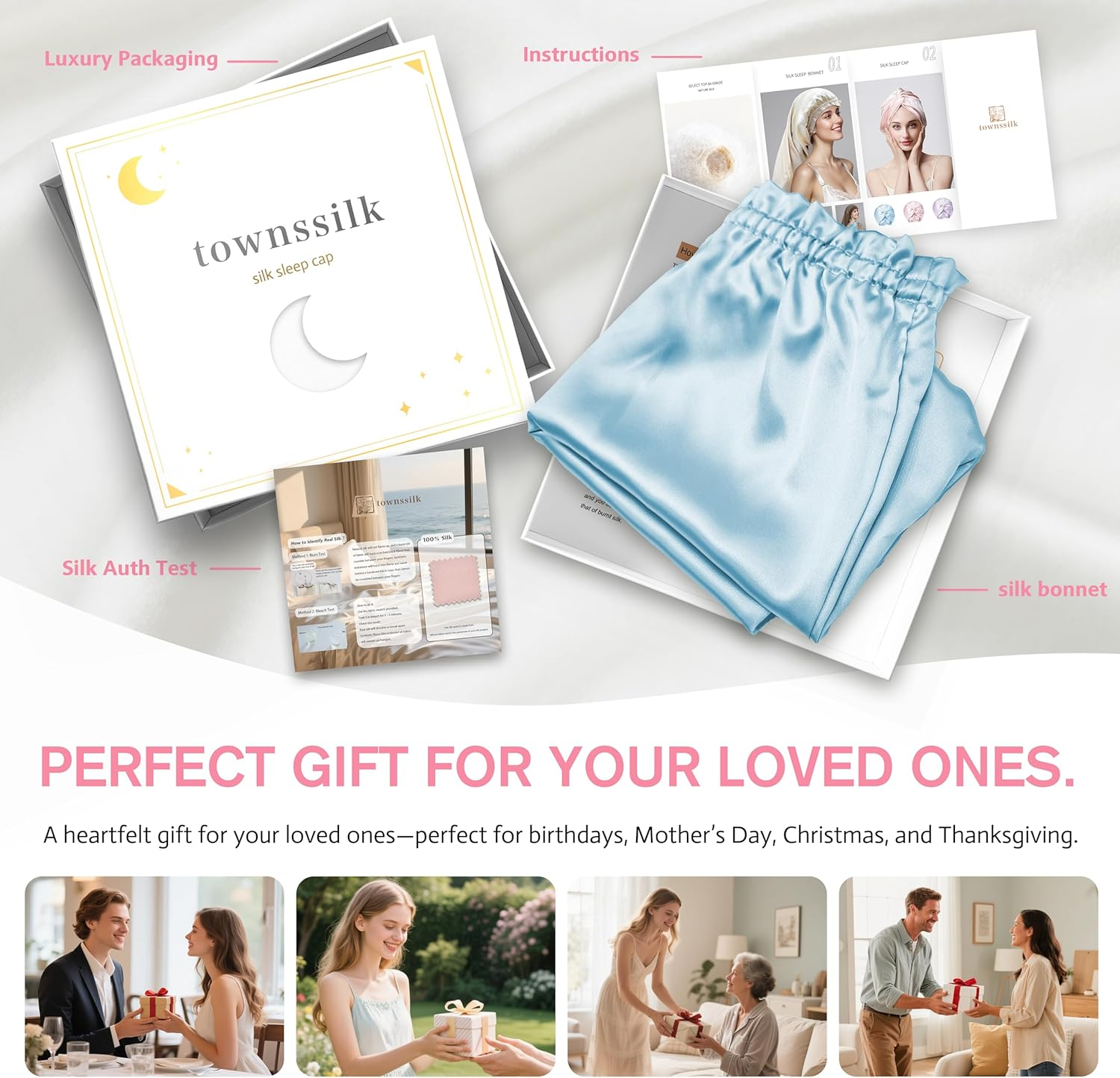 Townssilk Silk Bonnet for Sleeping, 100% 22 Momme Mulberry Silk for Women, Luxurious, Breathable, Sits Safe Overnight & Pressure Free, Ideal for Long & Curly Hair - Iceblue 32Cm image number 5