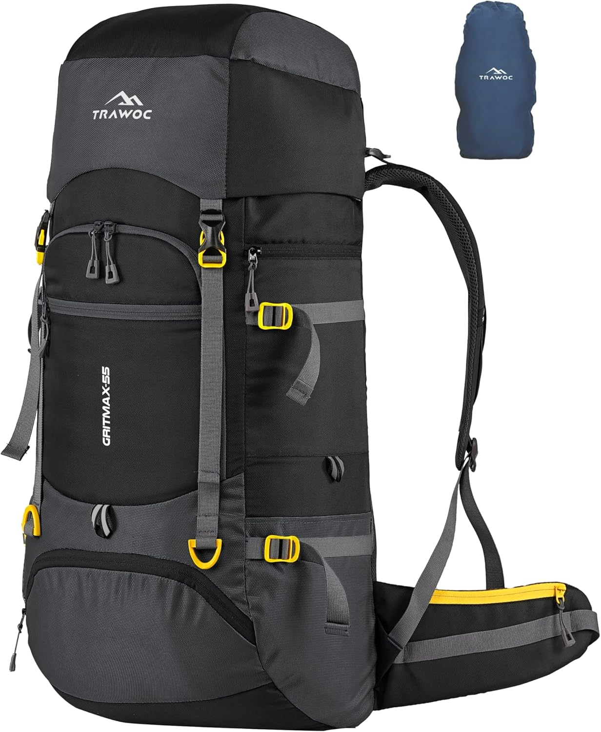 TRAWOC GRITMAX 55 Litre Travel Bag Front & Top Open Backpack for Hiking Trekking Camping, Rucksack for Men & Women with Rain Cover and Shoe Compartment