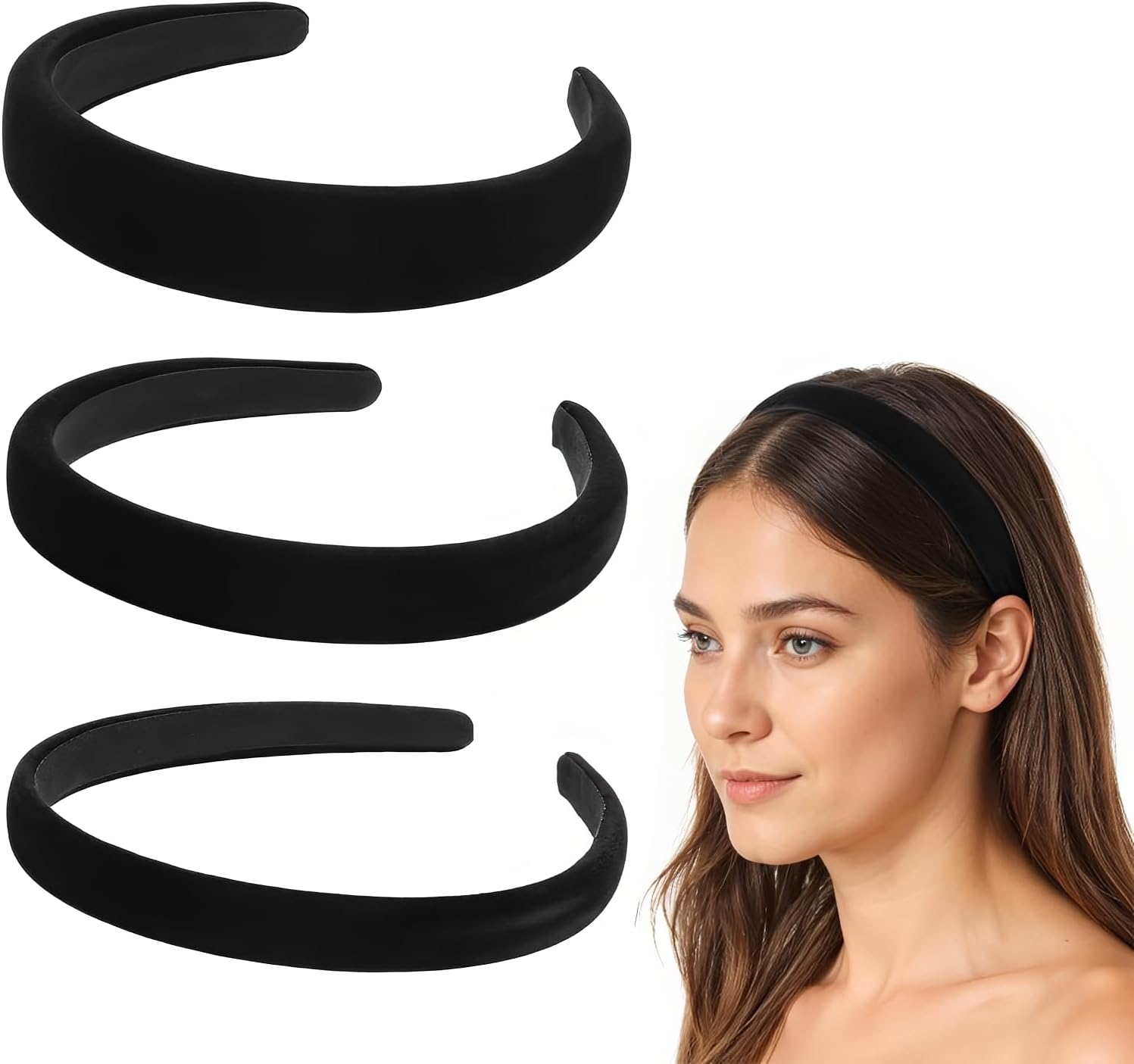 Esshogo Pack of 3 Velvet Headbands, Black, Satin Headbands, Padded Headbands, Padded Velvet Headband, Non-Slip Fashionable Hair Bands, Vintage Hair Accessories, Simple Headband for Girls