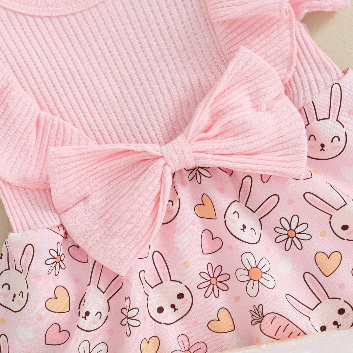 Newborn Baby Girl Easter Outfit Bunny Ruffle Short Sleeve Romper Dress with Headband Set Spring Summer Clothes image number 5