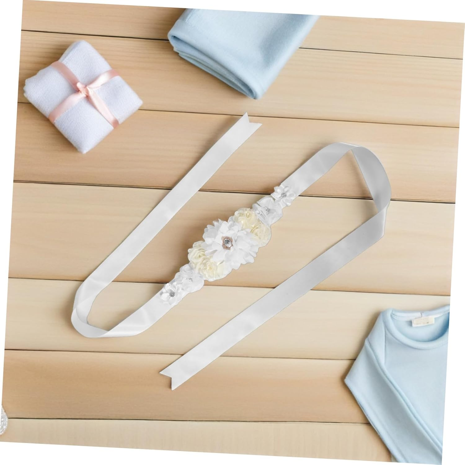 Adjustable Floral Satin Ribbon Belly Band for Pregnant Women Breathable Maternity Sash Belt for Shower Pregnancy Photoshoot Comfortable Skin-Friendly Fit image number 4