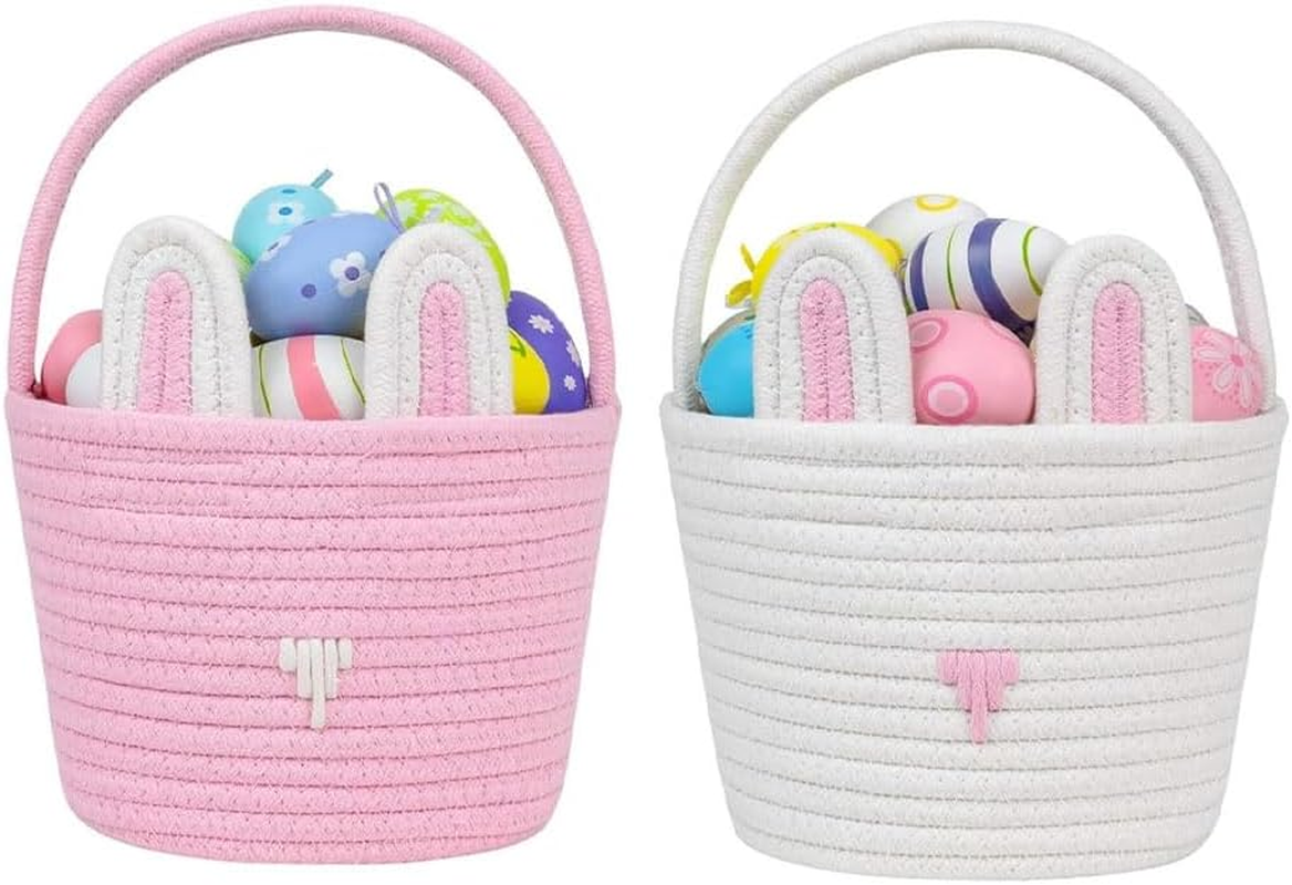 Bunny Basket Set for Kids & Babies &ndash; 2-Piece Handwoven Cotton Rope Easter Baskets with Ear Design &ndash; Soft & Safe for Egg Hunt, Ideal for Girls, Boys & Toddlers (Pink & White)