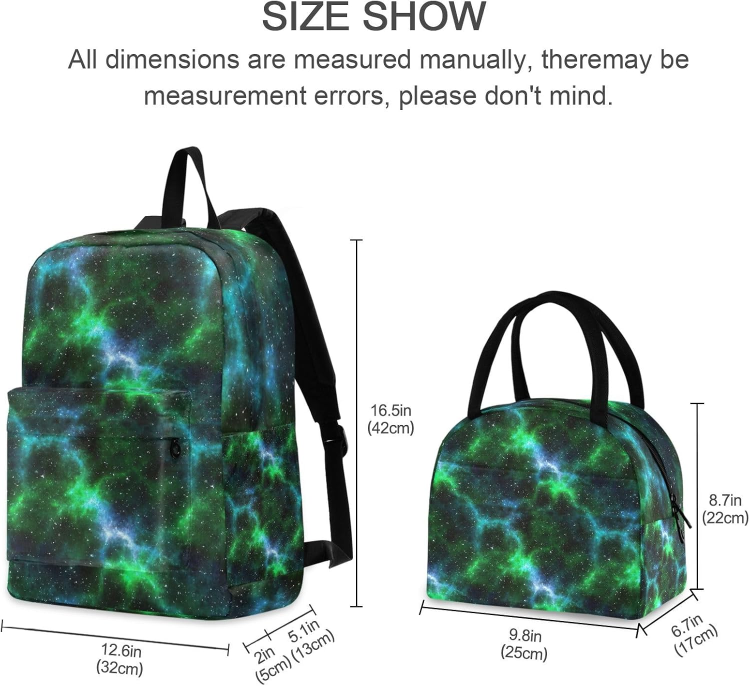 RPLIFE Kids Backpack Set, Cosmic Nebula Green School Backpack with Lunch Box, Back Packs Elementary Boys image number 1