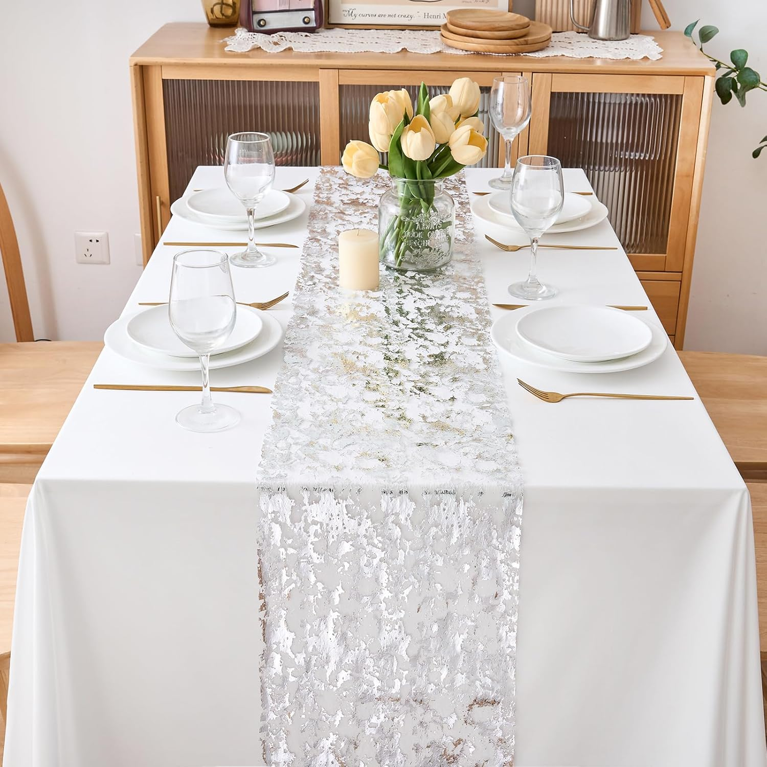 CHUQING Silver Table Runner 11X394 Inches,Glitter Silver Mesh Table Runner Roll,Silver Centerpiece Table Decorations for Birthday Wedding Party Baby Shower Graduation Christmas image number 5