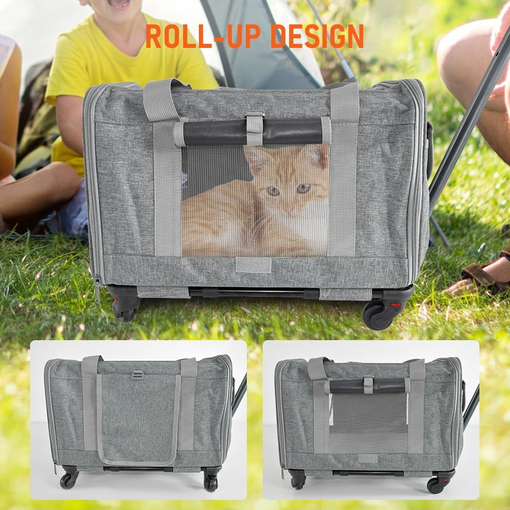 Pet Rolling Travel Carrier Pet Rolling Luggage Trolley Case for Pet up to 7.5Kg with Handle Four Wheels Shoulder Strap and Pet Cushion for Cat Dog Grey image number 3