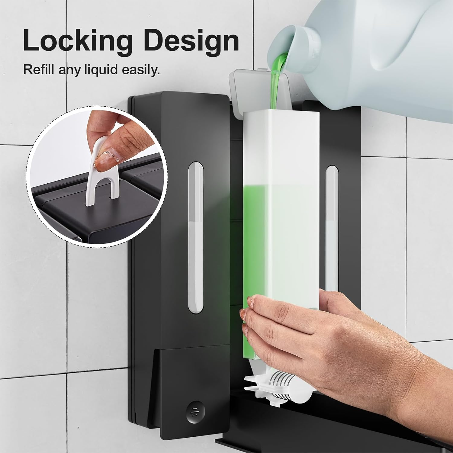 Shampoo and Conditioner Dispenser - Wall-Mounted 3-Chamber Shower Soap Dispenser, No-Drill, Bathroom Soap Dispenser, 1200ML Large Capacity, for Bathroom & Hotel, Black image number 2