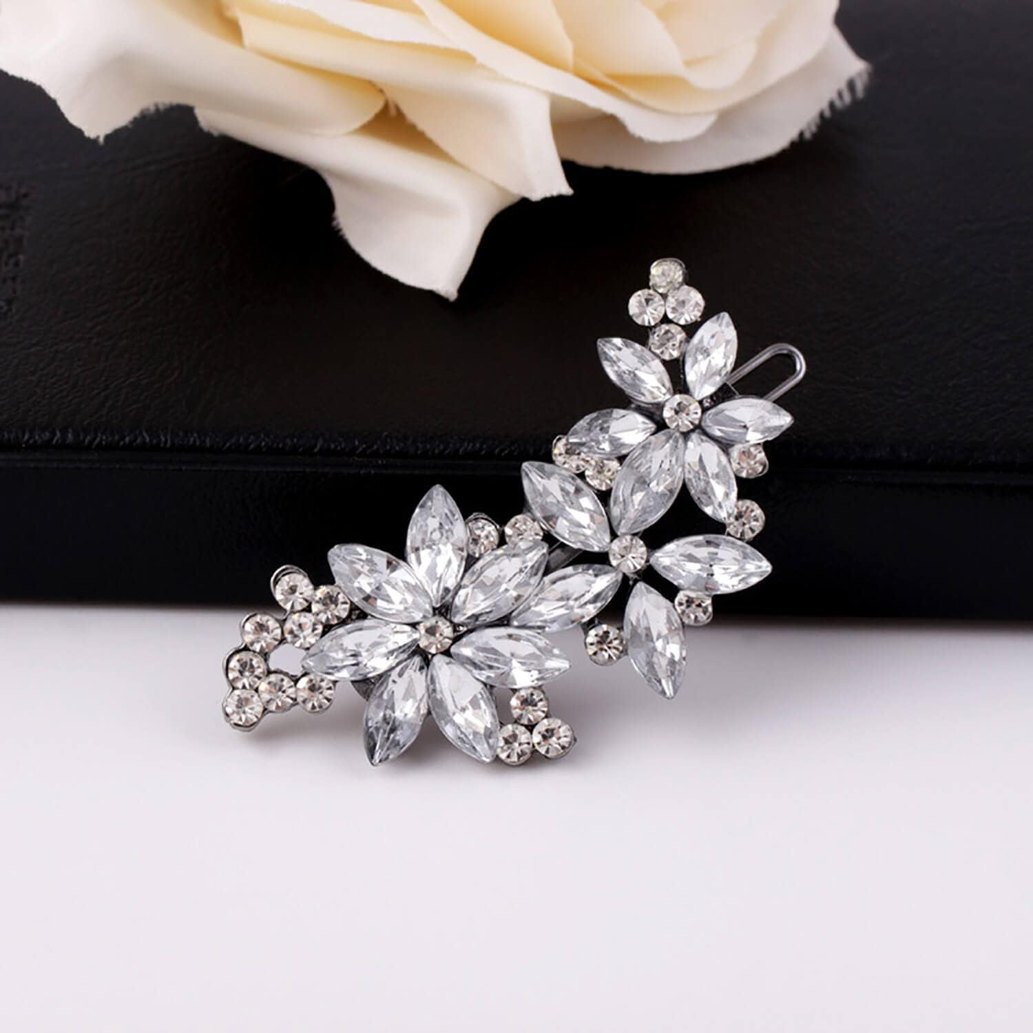 Crystal Flower Bridal Hair Clips(2 Packs)Rhinestone Wedding Hair Clips for Brides image number 6