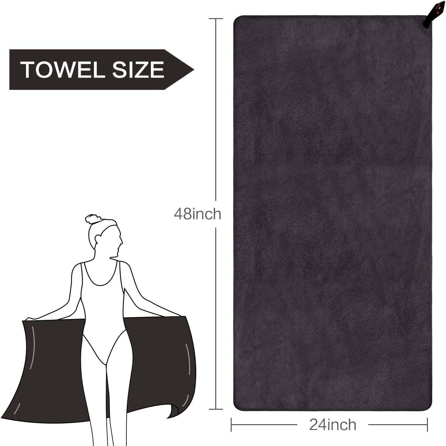 SUNLAND Microfiber Gym Bath Towel Ultra Soft Travel Camping Towel Super Absorbent Swimming Sport Towel with Carry Bag for Adults and Children 24Inchx48Inch Black 2 Pack image number 3