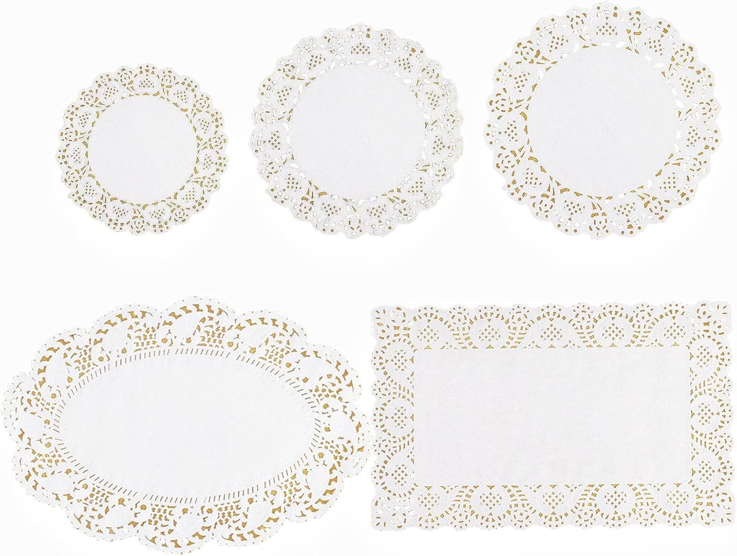 HIDOSNG 250Pcs Paper Doilies, 5 Sizes Lace round Rectangle Oval Paper Doilies Multi-Size Decorative Doilies Placemat for Tables Plates Cakes Desserts Crafts