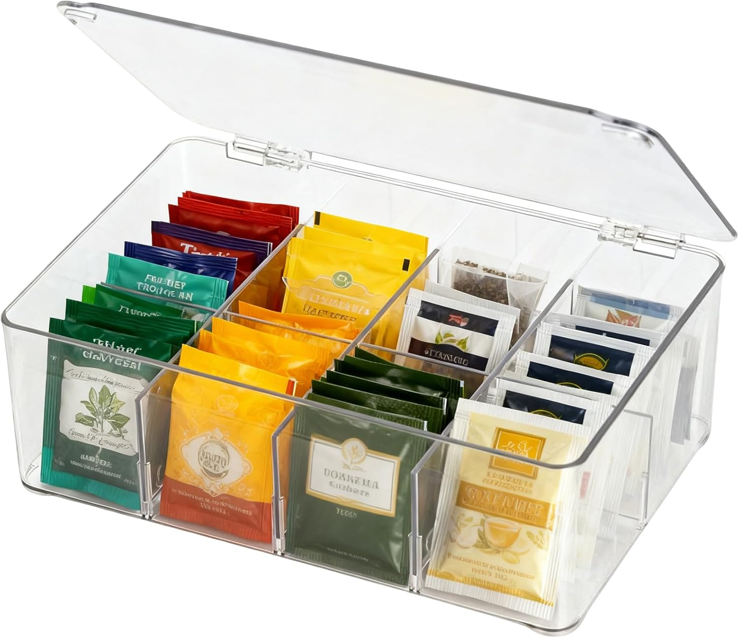 Tea Bag Organiser, Stackable Tea Box, Storage Box with Lid, Transparent Lsolation Layer Organisers Adjustable Dividers Set for Coffee, Biscuit, Bread, Snack, Candy image number 5