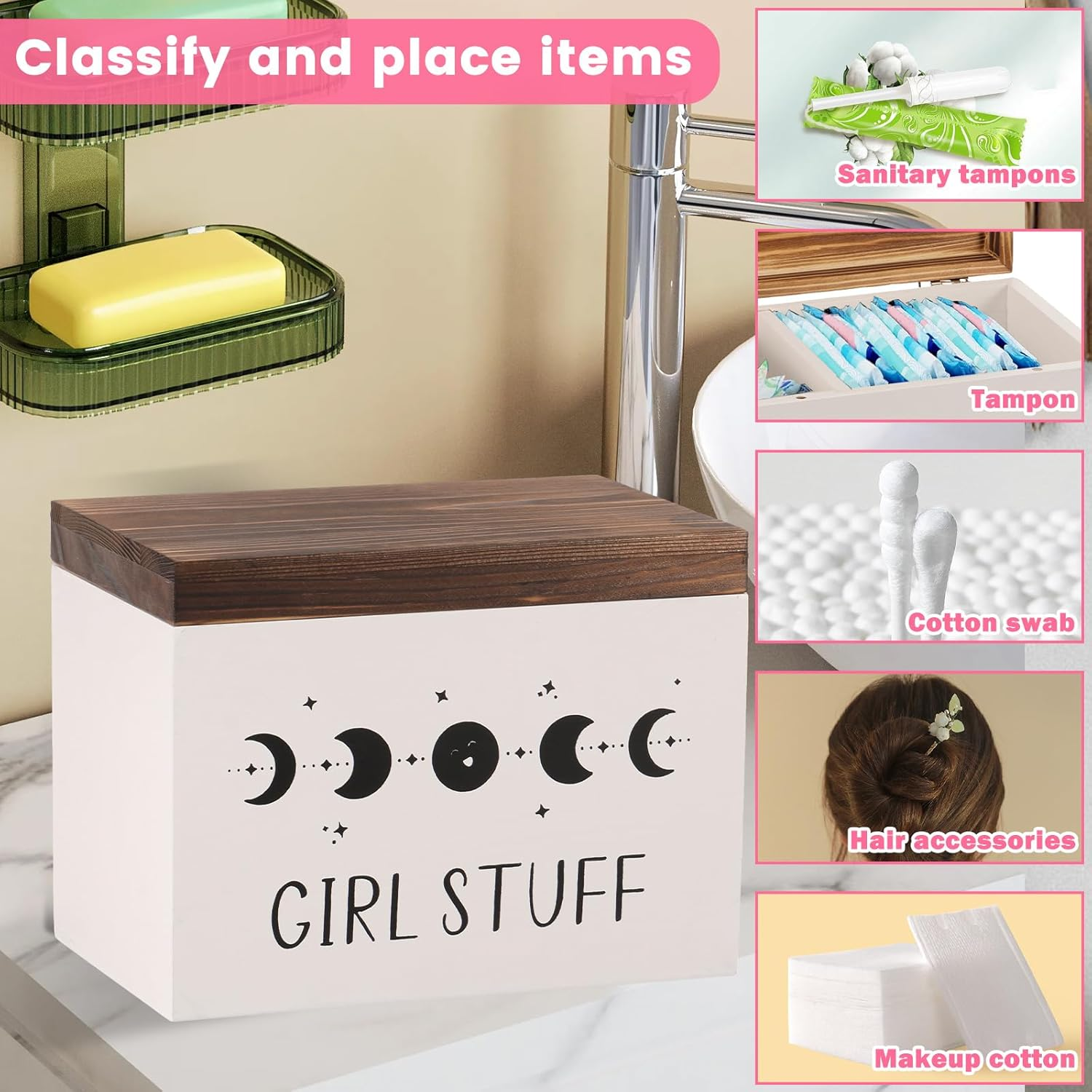 Wood Lady Stuff Storage Box, Lightweight Versatile Feminine Product Organizer, with Hinged Lid and Removable Divider, Tampon Holder and Pad Case for Bathroom Accessories image number 3