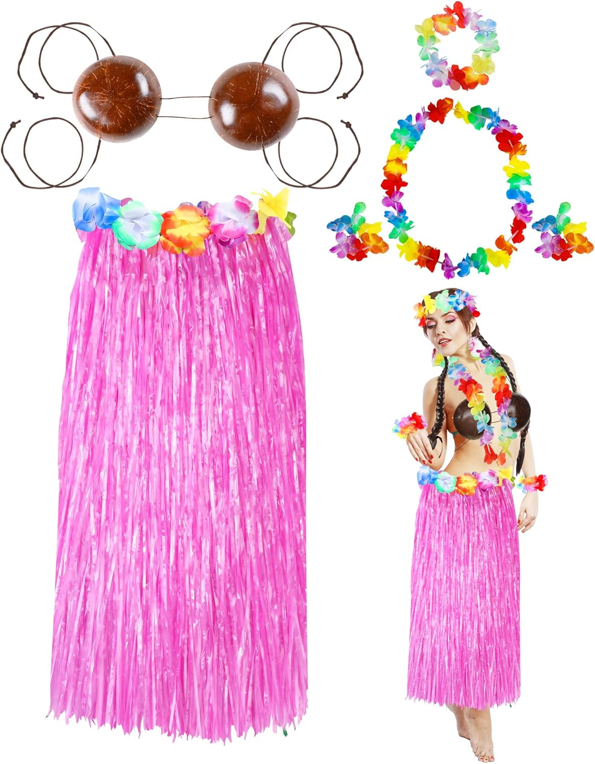 6 Pcs Coconut Bra Hawaiian Grass Hula Skirt Costume Set 31.5 Inch Dance Leis Outfit for Women Luau Party Supplies image number 2
