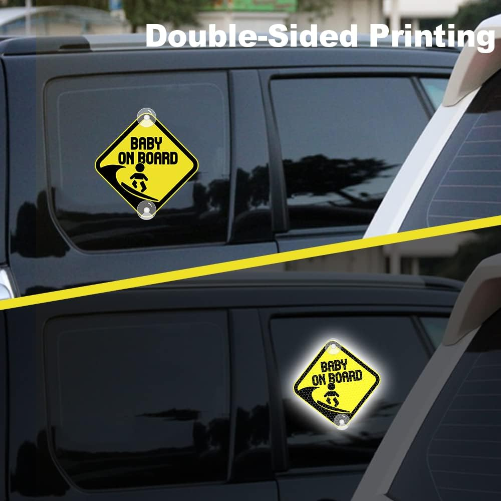 Vesvory Baby on Board Surf Sticker for Cars, Reflective PVC Car Decals with Suction Cups Double-Side Baby on Board Sign Reflective Baby Safety Warning Car Decal,4.72X4.72 In(Reflective Yellow) - Blue image number 3