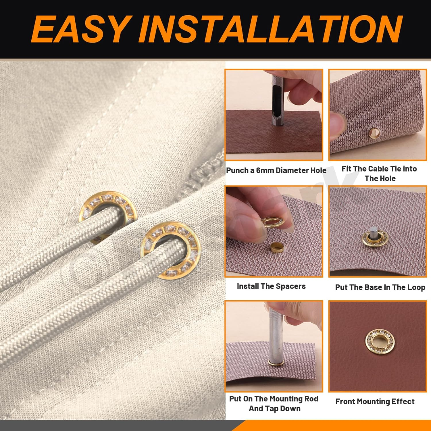 Rustark 100Pcs Gold 1/4 Inch Rhinestone Eyelet Grommet Eyelets and Grommets with Sparkling Design Metal Eyelet with Washer Hole Punch Shiny Rhinestone Boot Eyelet for Clothing Crafts DIY Projects image number 5