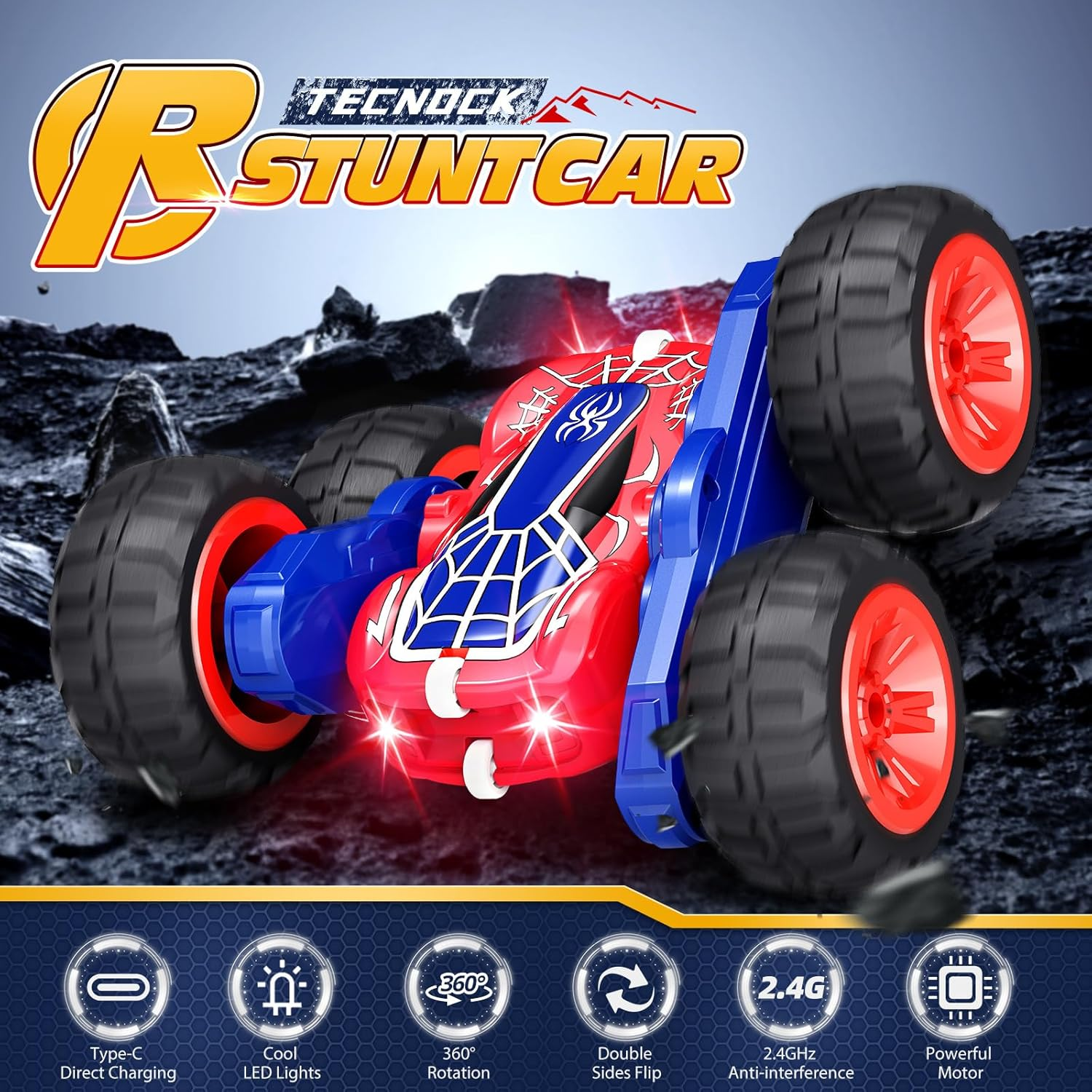 Tecnock Spider Remote Control Car, 2.4Ghz RC Cars with USB-C Easy Charging, 4WD Double Sided 360&deg; Rotates & Flips RC Stunt Car - Blue-Au image number 5