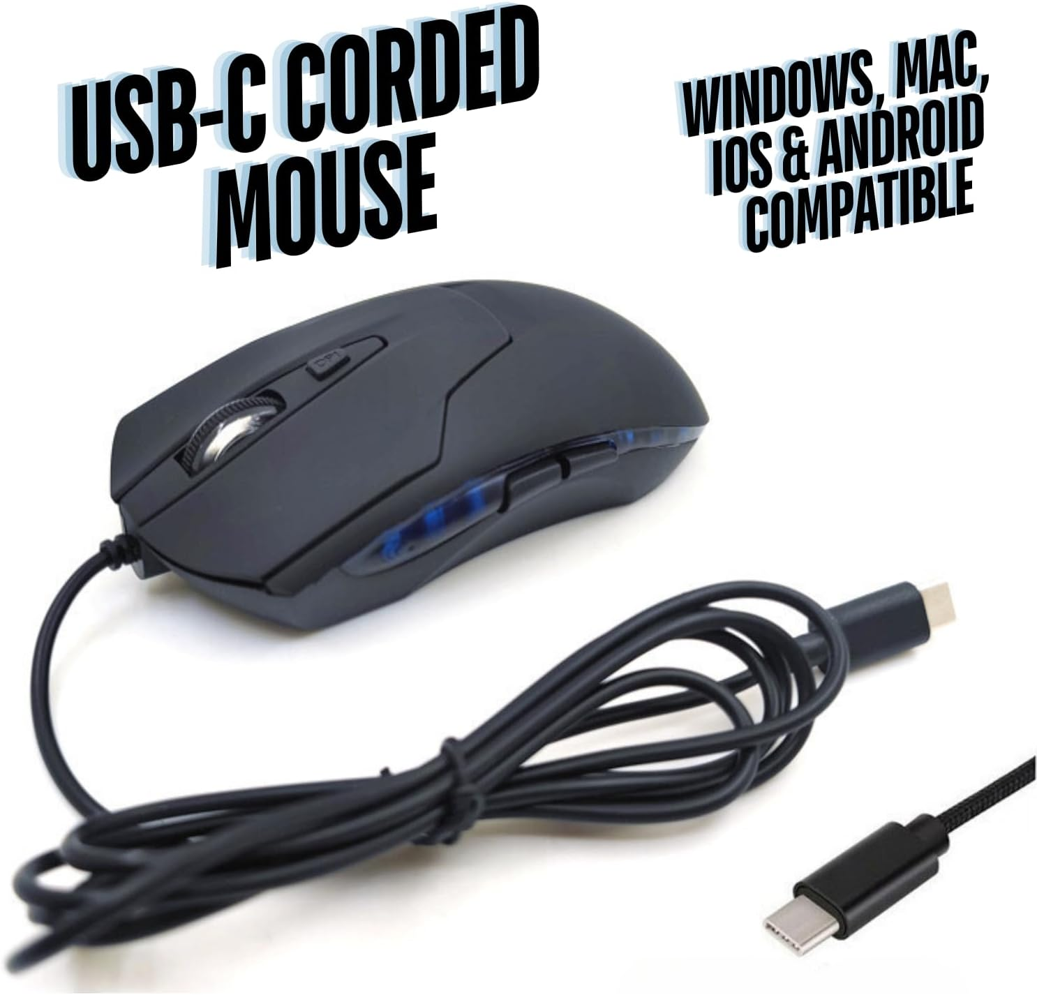 CBUS Wired USB C Mouse, 6-Button Quiet Click Computer Mouse - 4 DPI Speeds, Ergonomic, LED Backlight - Compatible with Mac, Chromebook, HP, DELL XPS, ASUS, Surface, Silent Gaming Mouse Type-C Wired