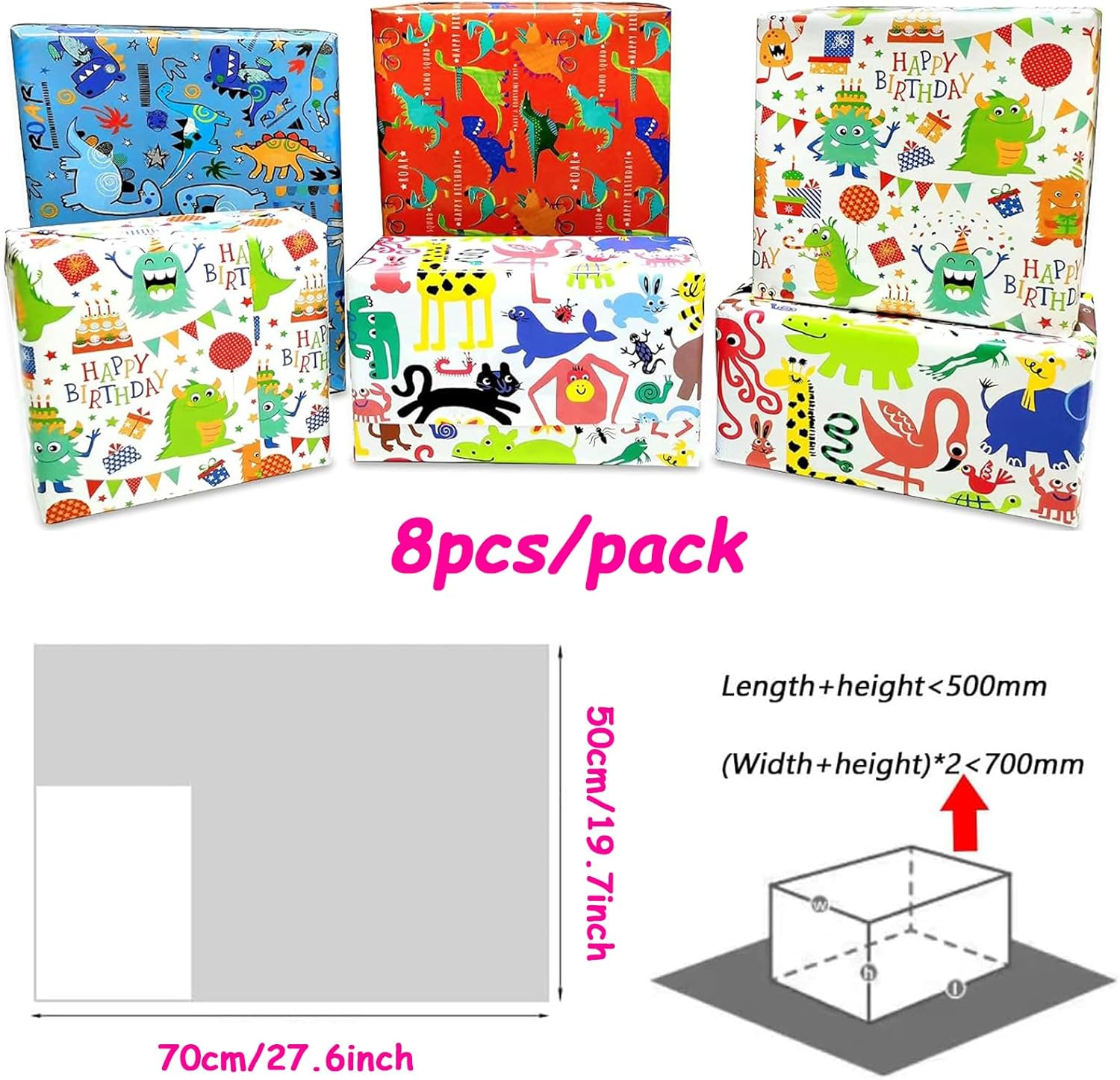 YQQZQ Cute Birthday Wrapping Paper,8 Sheets Assorted Cute Patterns Gift Wrapping Paper for Boys and Girls Christmas Birthday Party Decoration(50 * 70CM) image number 4