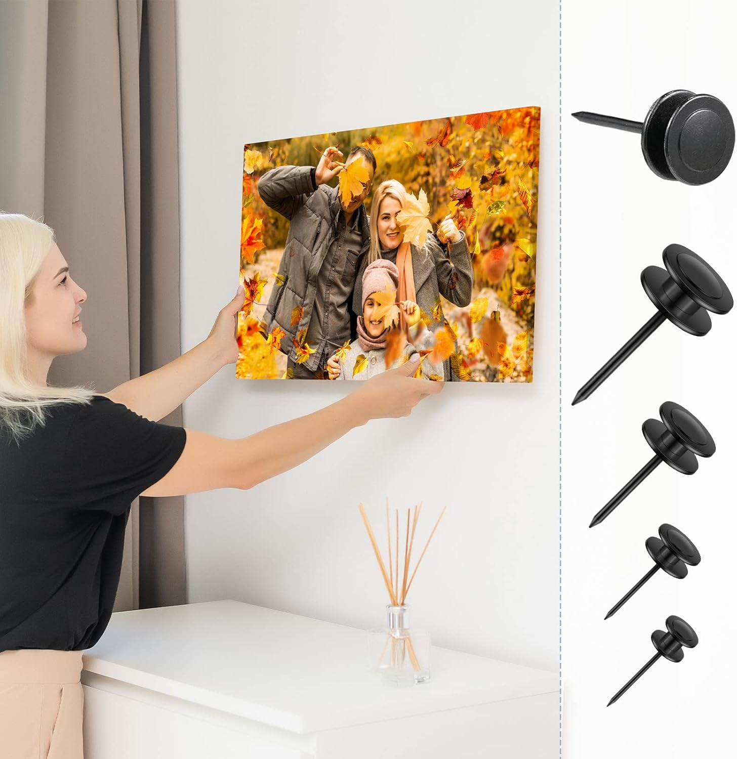 Ferraycle 40 Piece Double Headed Picture Hangers Nails 4 Size Long Thumb Tacks for Wall Hanging Decorative Nails Push Pins Picture Hooks for Drywall Photo Decor, 10/20/ 30/ 50Lb(Black) image number 4