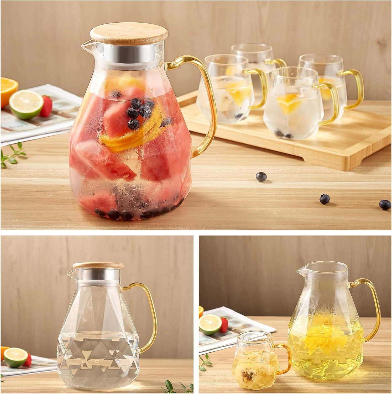 DUJUST Glass Pitcher with Lid [68 Oz], Elegant Diamond Design Water Pitcher with Handle, Decoration for Room, High Durability Water Glass Carafe for Ice Tea Maker, Beverage, Hot/Cold Coffee - 1 Pitcher Black image number 2