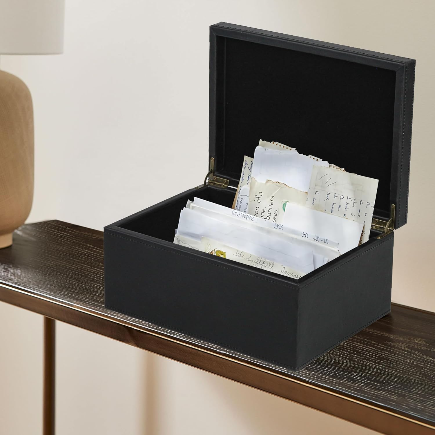 Hofferruffer Faux Leather Decorative Box, Large Wooden Structure Keepsake Box Accessory Organizer Jewelry Organizer with Hinged Lid, Storage Container for Home or Office (Black) image number 2