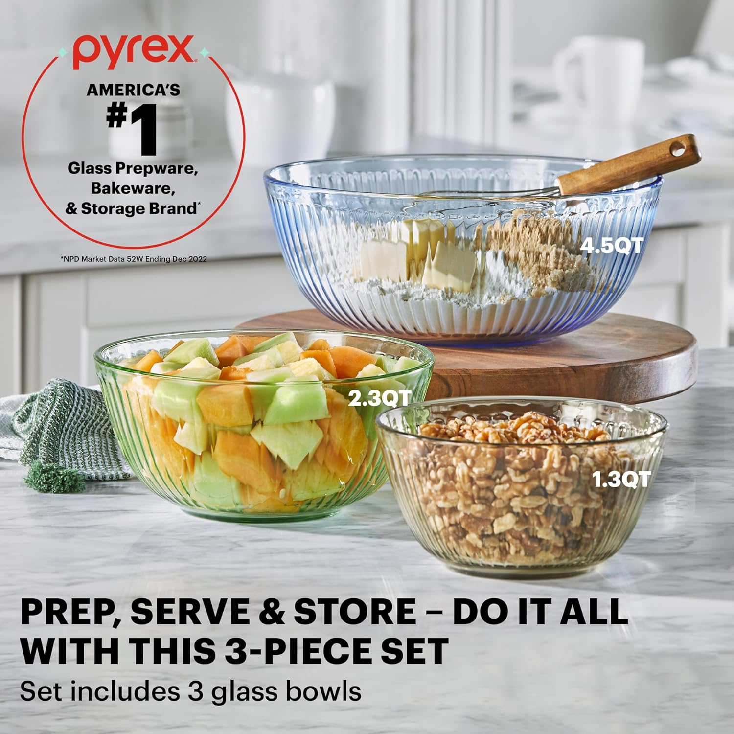 Pyrex Sculpted Tinted 6-PC Full Set, Small/Medium/Large Glass Mixing Bowls with Lids, Nesting Space Saving Set of Bowls for Prepping and Baking, 1.3QT, 2.3QT & 4.5QT image number 2