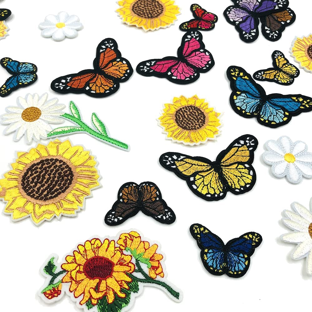 Sourceton 35 PCS Flowers Embroidered Iron on Patches, Sunflowers Butterfly Iron on Patches Set for Clothing Jeans,Bags, Arts Crafts DIY (Butterfly, Sunflower, Daisy)