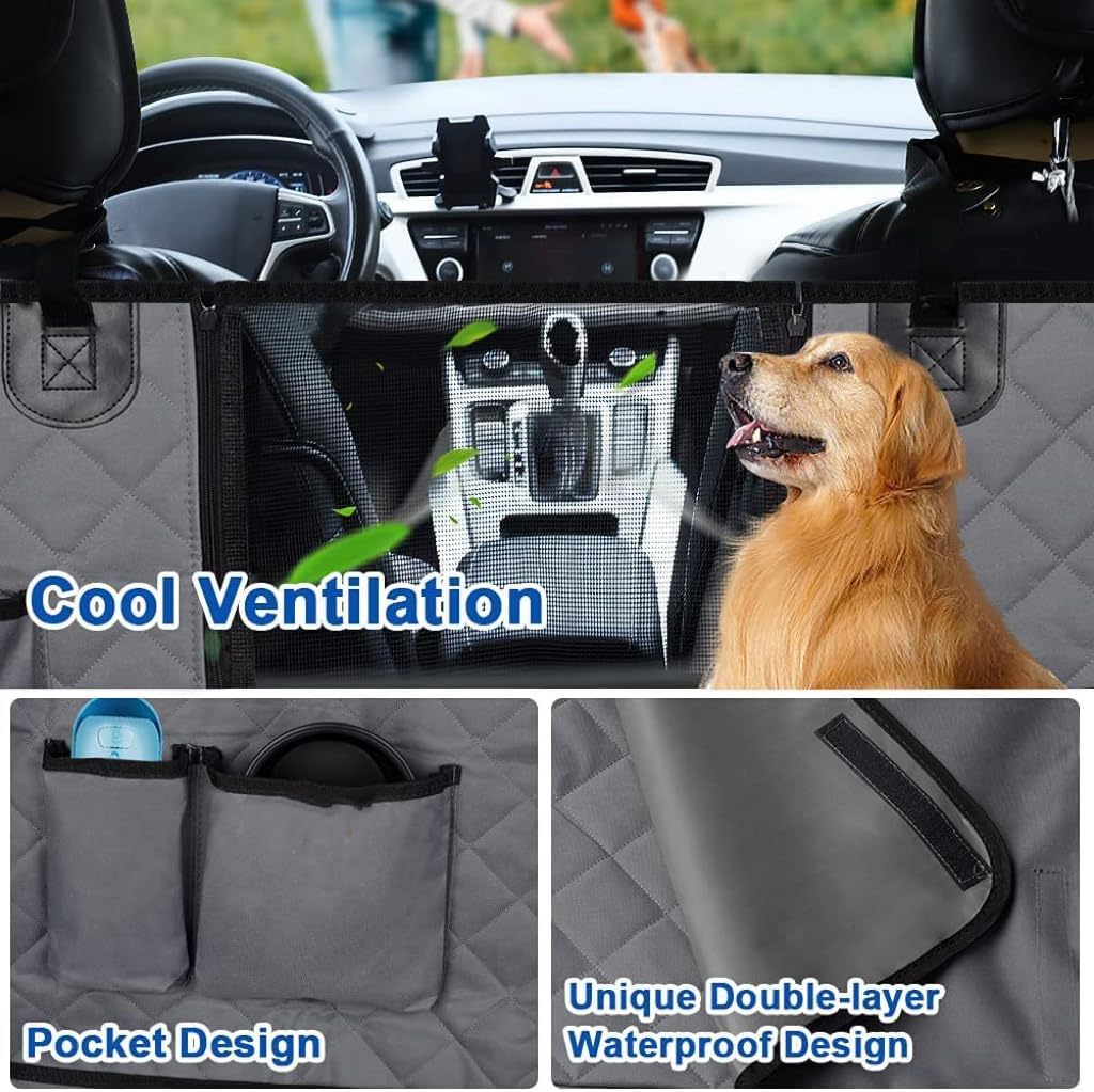 NEXORA Dog Car Seat Cover 7-In-1 Protection, Universal Fit for Cars & Suvs and Trucks Waterproof, Scratchproof & Non-Slip Pet Hammock for Back Seat with Mesh Window, Storage Pockets & Seat Belts Grey