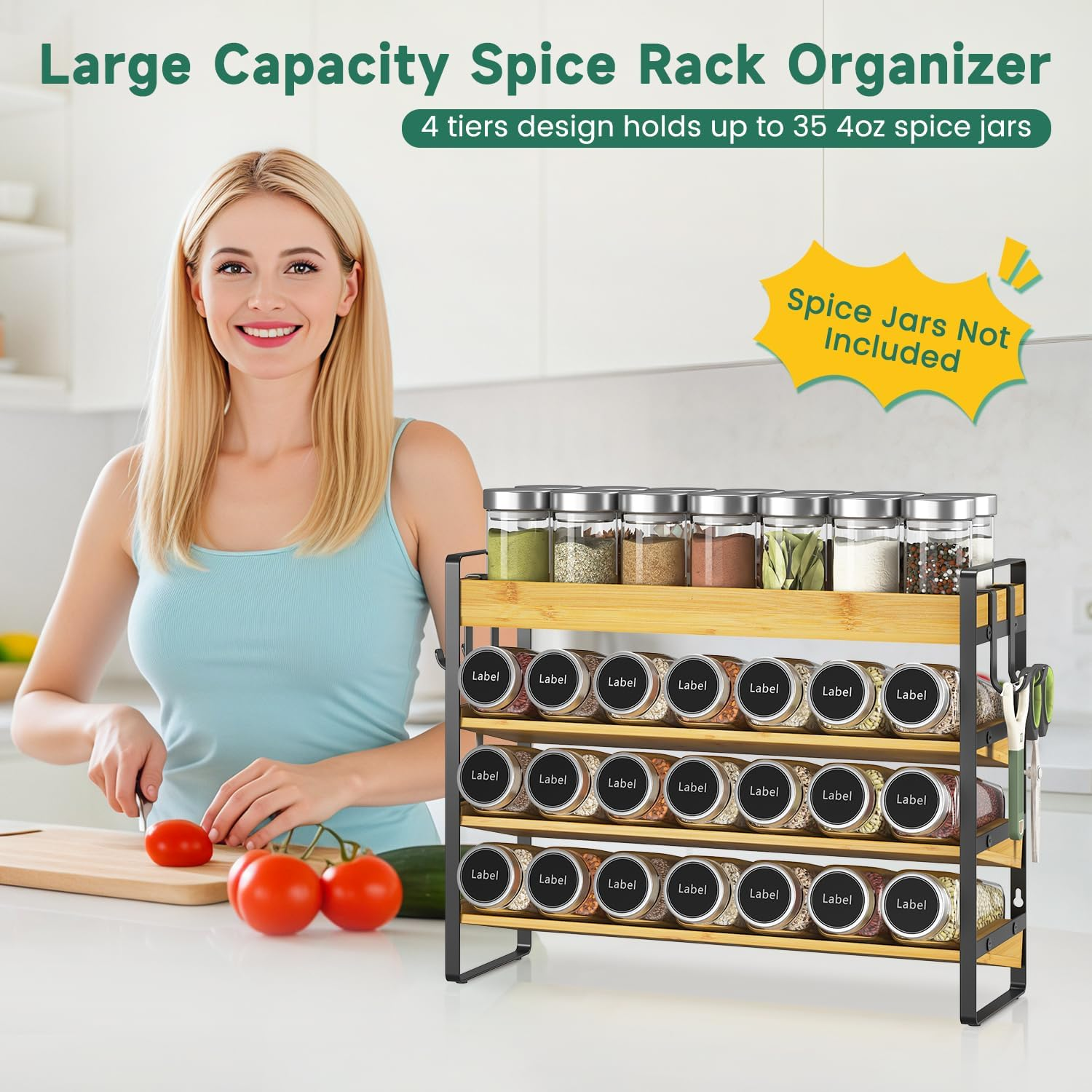 Esluker.Ly Spice Seasoning Rack Organizer Kitchen Countertop, 4 Tier Bamboo Spice Shelf Holder Storage with 4 Hooks, Wall Mounted Freestanding Stand for Pantry, Quick Spice Access(Jars Not Included) image number 4