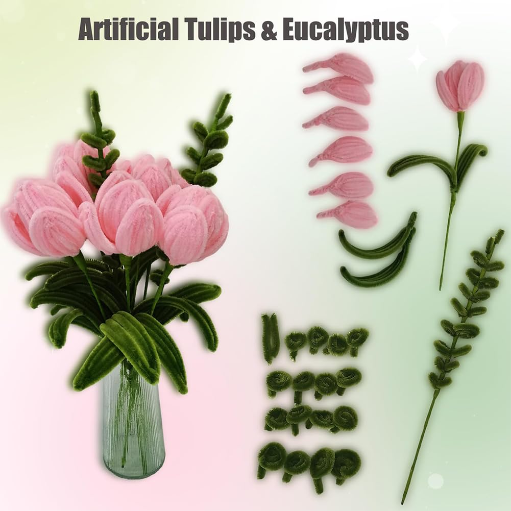 200Pcs Pipe Cleaners Craft Supplies Set, Pink Olivegreen Pastel Chenille Stems with 20Pcs Flower Stems, Chenille Stems for DIY Art and Craft Projects Creative Gift Wrapping Party Decorations image number 3