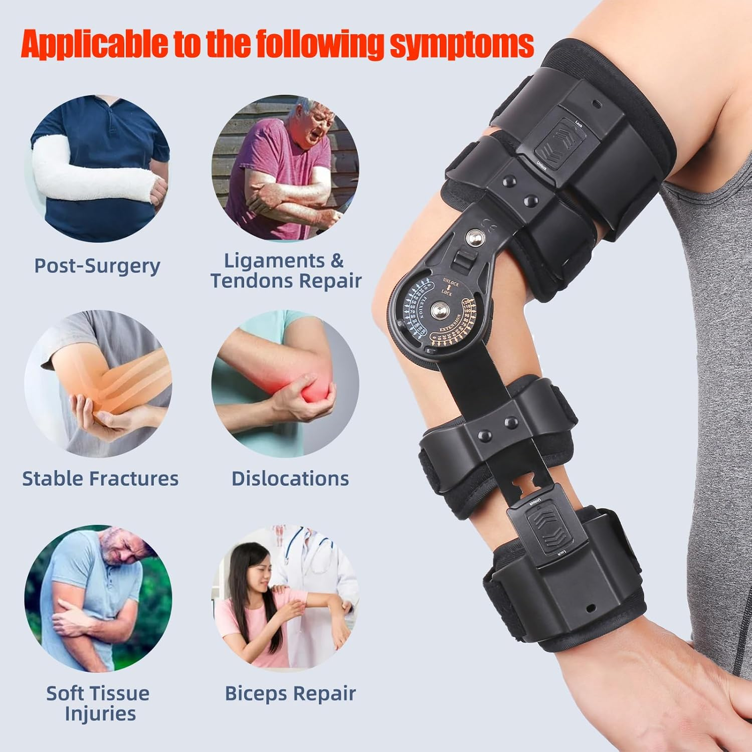GHORTHOUD Hinged ROM Elbow Brace - Adjustable Post Op Elbow Brace Stabilizer Splint with Strap Sling Arm Injury Recovery Support after Surgery for Men Women (Right) image number 3