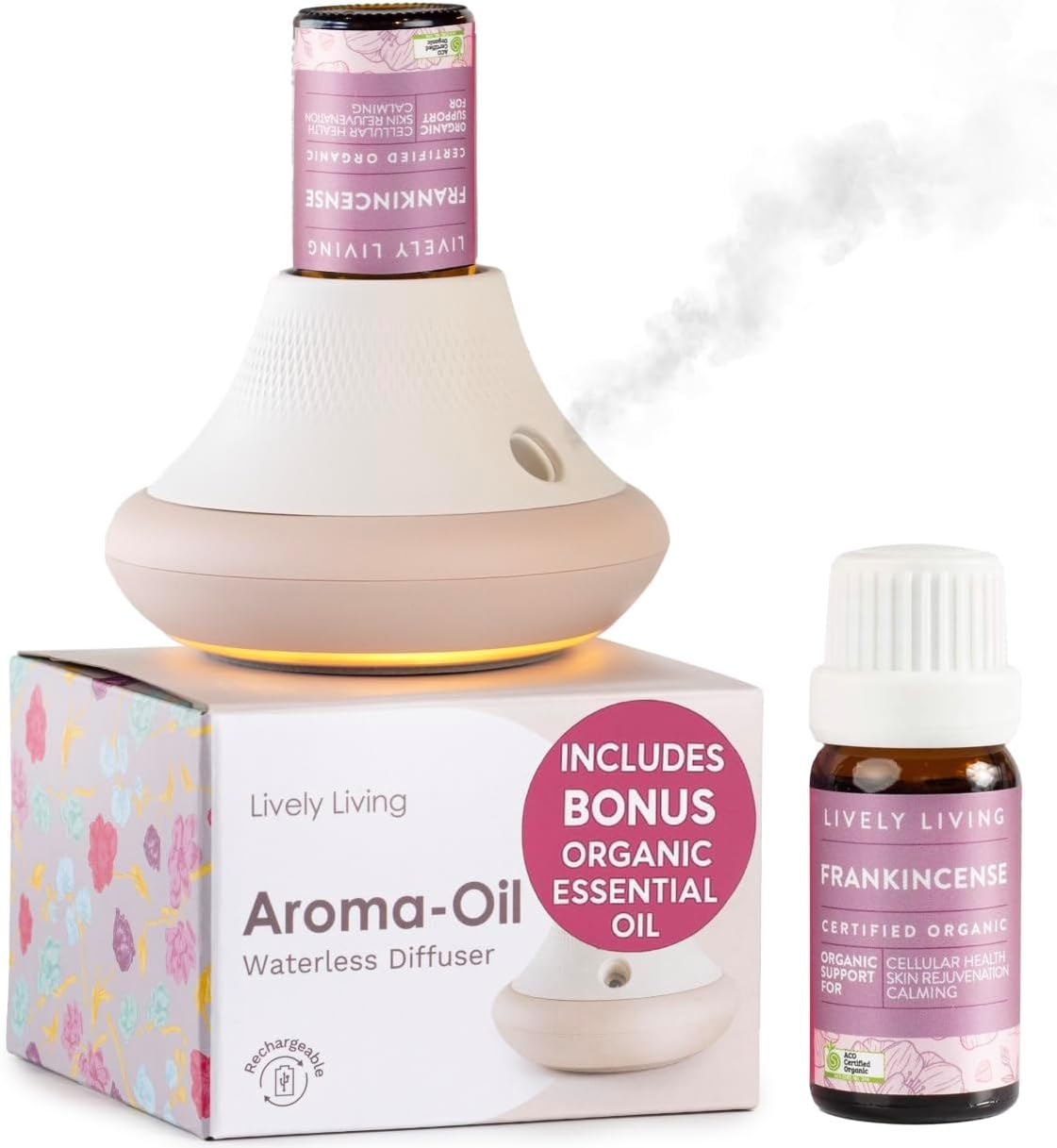 Lively Living Aroma Oil Waterless Diffuser + Oil - (10Ml) Frankinsence Organic Essential Oil USB Rechargeable Battery Operated, Cordless Diffuser, Portable, Wireless & Noiseless with 3 Mist Settings image number 5