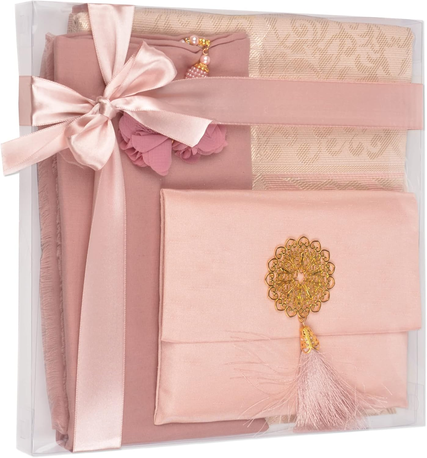 Islamic Gift Set, Velvet Prayer Mat, Prayer Beads, Shawl and Yaseen Book, Perfect Family and Eid Gifts (Pink)