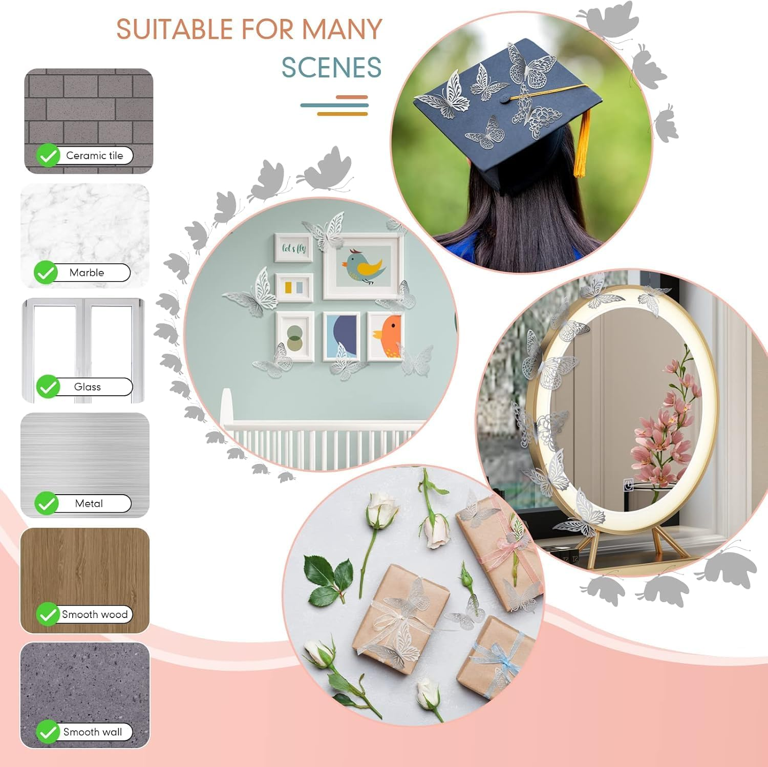 MKUCCD 3D Pink Butterfly Decorations Butterflies Stickers, 48Pcs 4 Styles 3 Sizes Butterfly Wall Decor Party Birthday Cake Decorations,Stickers Decals for Mirror Bedroom Wedding (Silver) image number 5