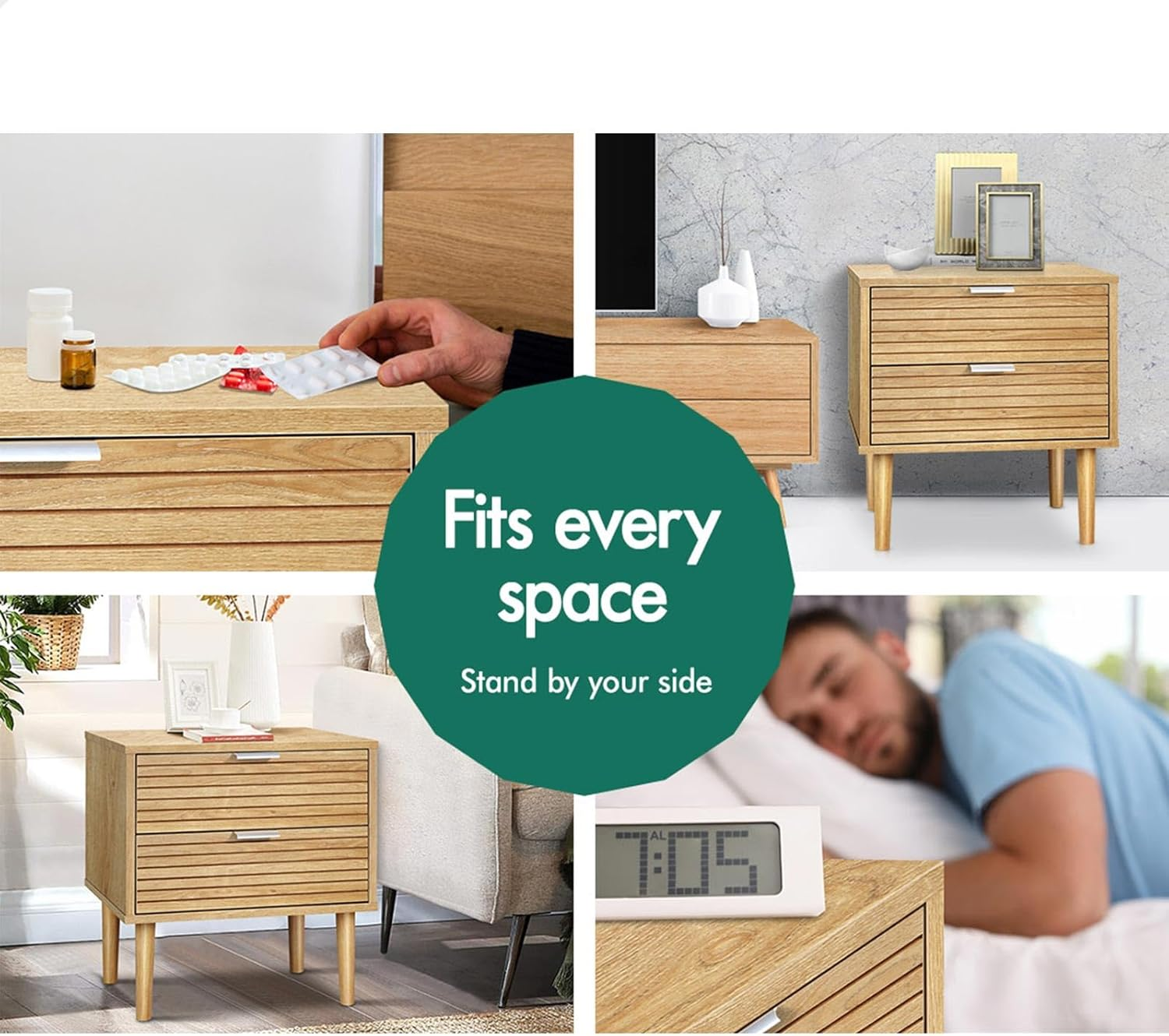 ALFORDSON Bedside Table 2-Drawer Nightstand, 48X 40X 52Cm, Side Cabinet Chest Table for Hallway, Bedroom and Living Room, Wooden Organiser Storage with Slatted Front (Wood Color) - Blackx2 image number 4