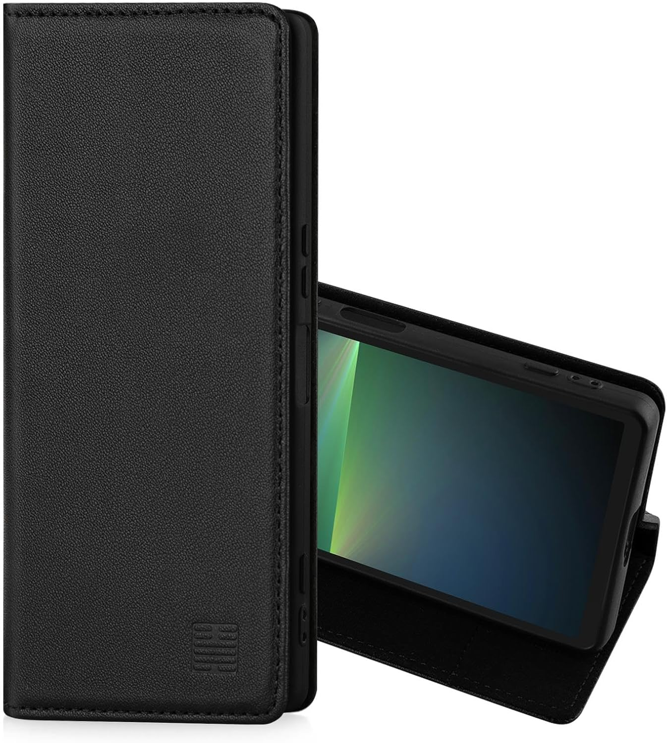 32Nd Classic Series 2.0 - Real Leather Book Wallet Flip Case Cover for Sony Xperia 5 V (2023), with RFID Blocking Card Slot, Magnetic Closure and Built in Stand - Black