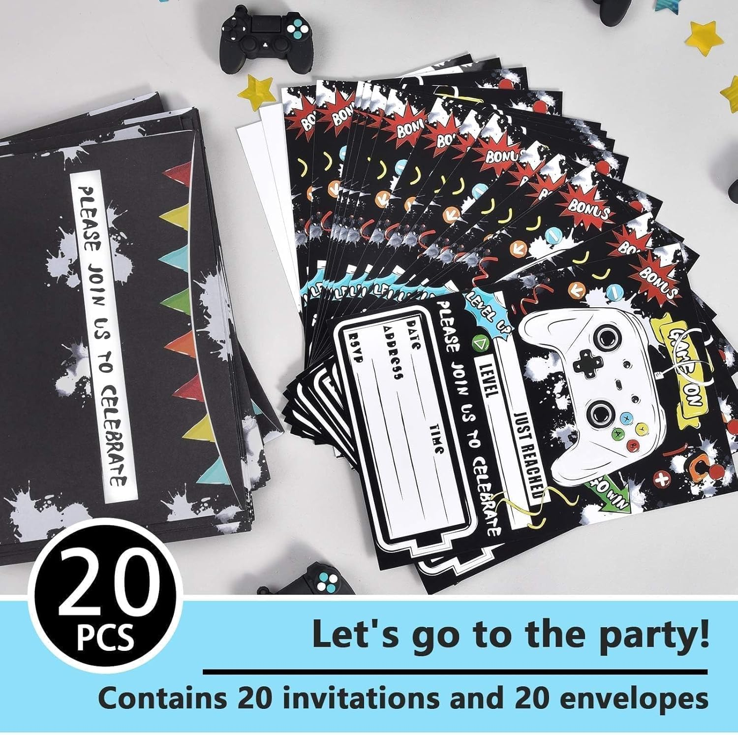WERNNSAI Watercolor Video Game Party Invites - 20 Set Fill-In Invitations with Envelopes for Boys Game Theme Birthday Party Supplies Double-Sided Printed Invitation Cards image number 2