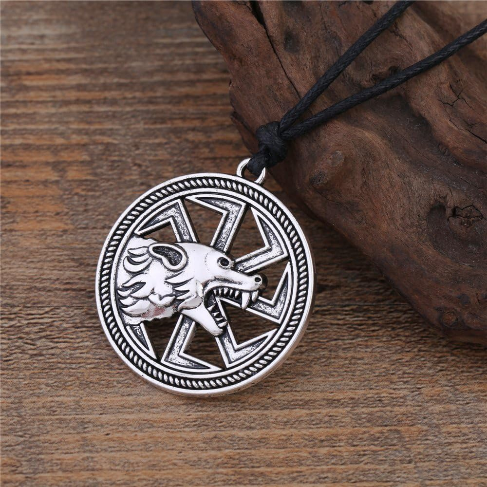 (Antique Silver) - Wicca Vintage Bold Punk Wild Animal Wolf Head Sun Wheel Runes Amulet Pattern Necklace