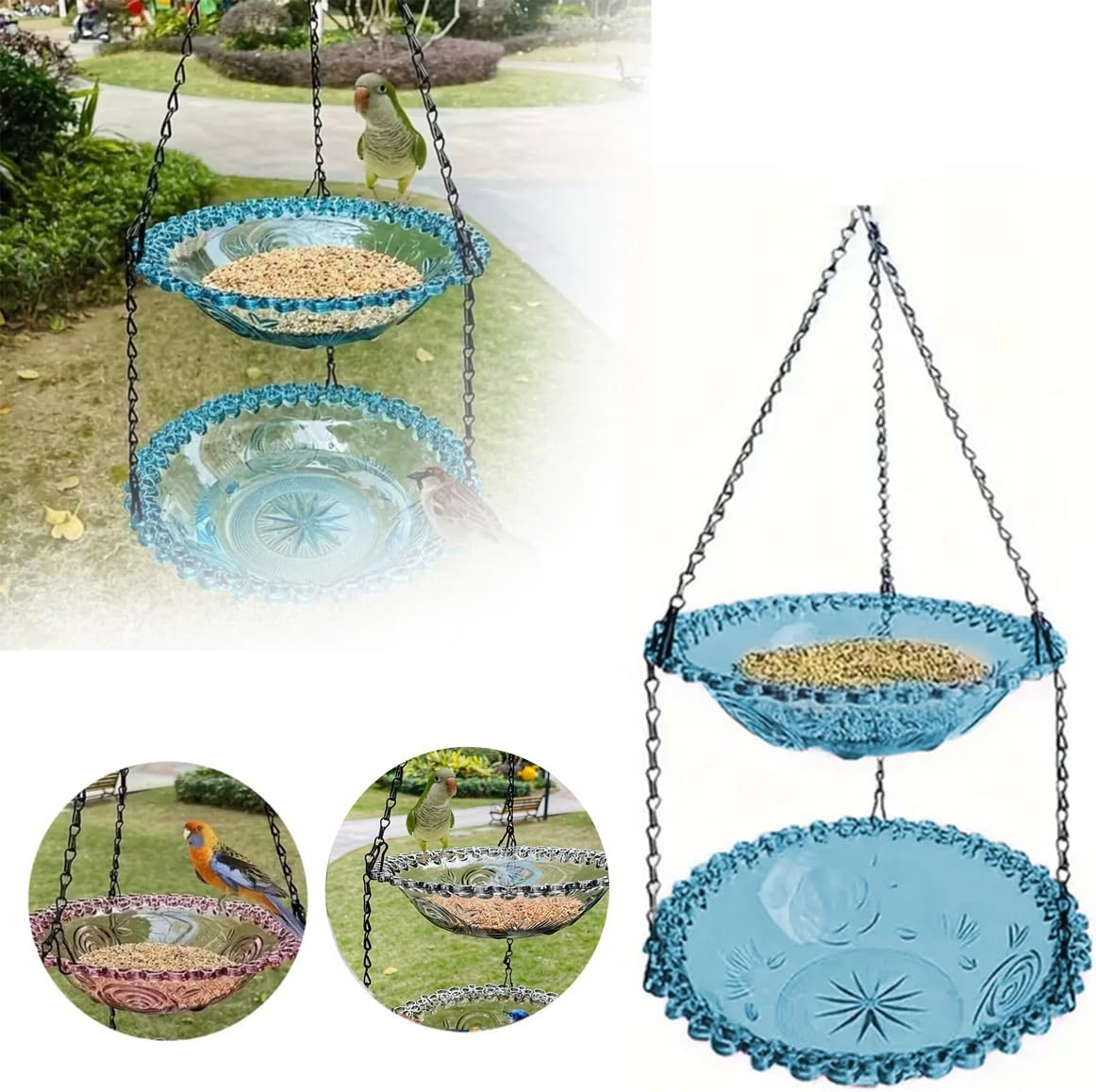 AIMALL Elegant Two-Tier Hanging Bird Feeder - Decorative Garden Bird Bath and Feeding Station, Perfect for Outdoor Decor - Grey image number 4