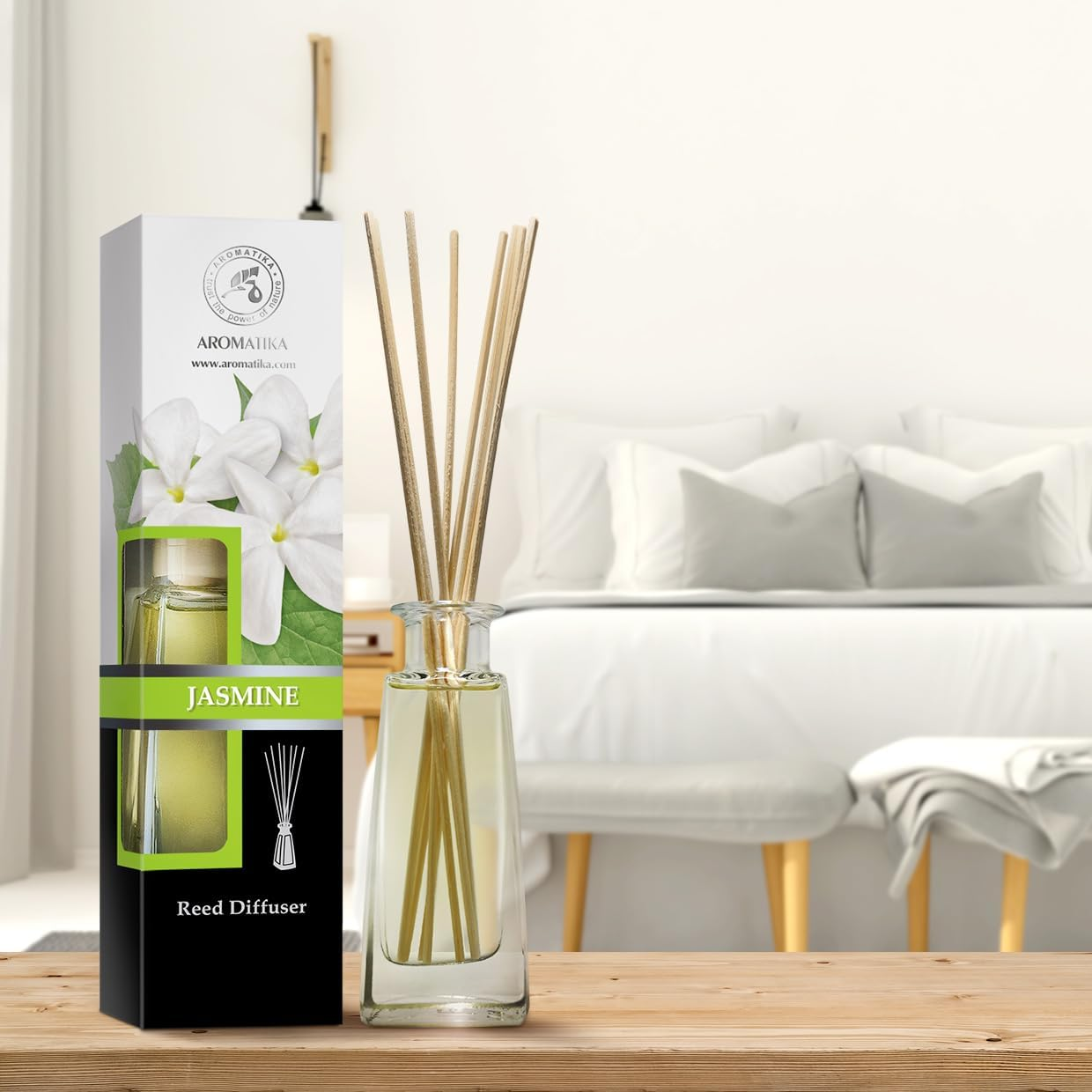 Reed Diffuser Jasmine 3.4Oz (100Ml) - Room Diffuser with Jasmine Essential Oil - Home Fragrance - Aromatherapy Air Freshener - Oil Diffuser - Scented Diffuser - Jasmine Aroma image number 2