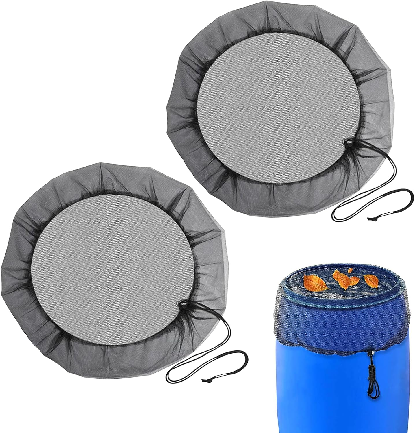 Mesh Cover for Rain Barrels 2 Pieces Barrel Mesh Lid, Screen Water Bucket Covers, Barrel Screen with Adjustable Drawstring, for Keep Fallen Leaves, Debris and Mosquitoes for Outdoor